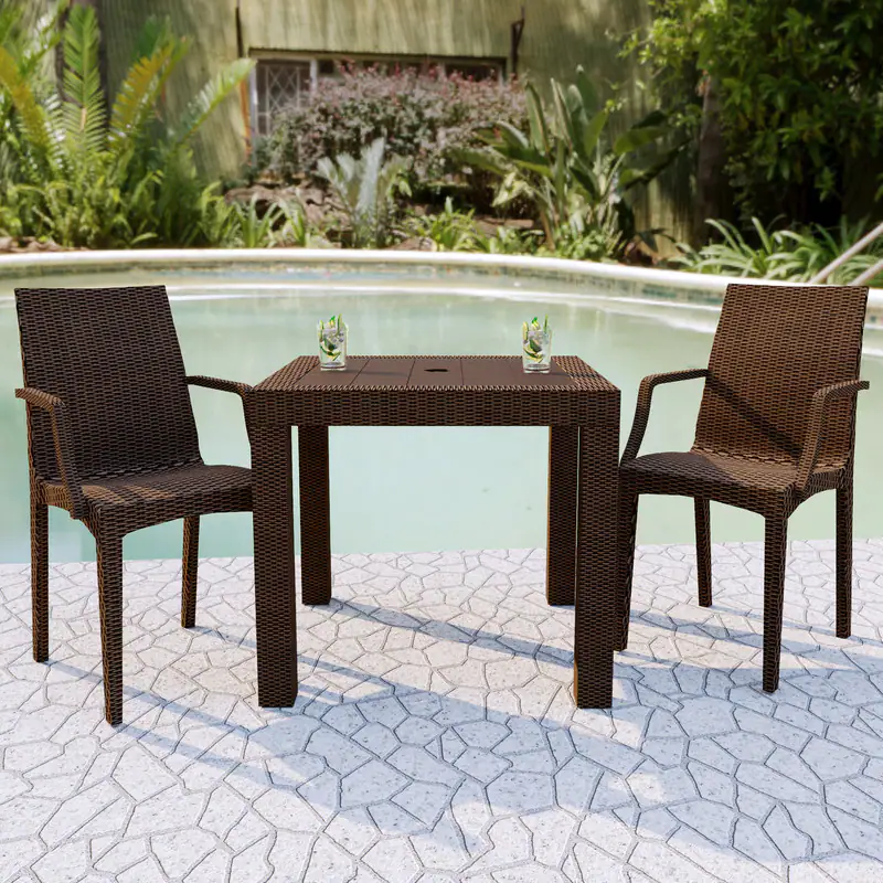 Left. LeisureMod - Mace 4-Pieces Modern Woven Pattern Dining Chairs - Waterproof Stackable Indoor Outdoor Patio Chairs - Brown.