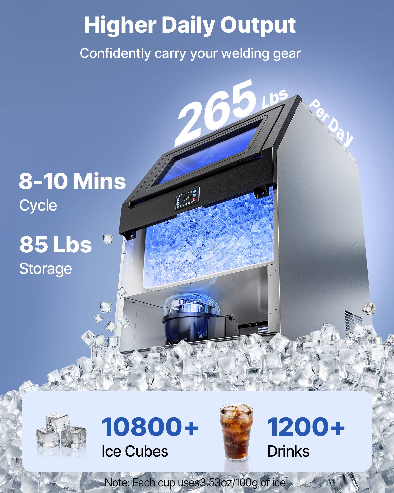 Higher Daily Output  
Confidently carry your welding gear  

265 Lbs Per Day  

8-10 Mins Cycle  
85 Lbs Storage  

10800+ Ice Cubes  
1200+ Drinks  

Note: Each cup uses 3.53oz/100g of ice