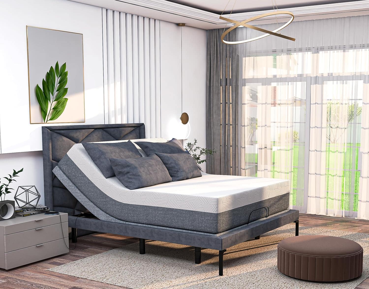 Renanim - SFE Cal King Adjustable Bed Frame with 10" Hybrid Mattress, Massage, USB, Remote & UnderBed Light - Electric Bed - Gray
