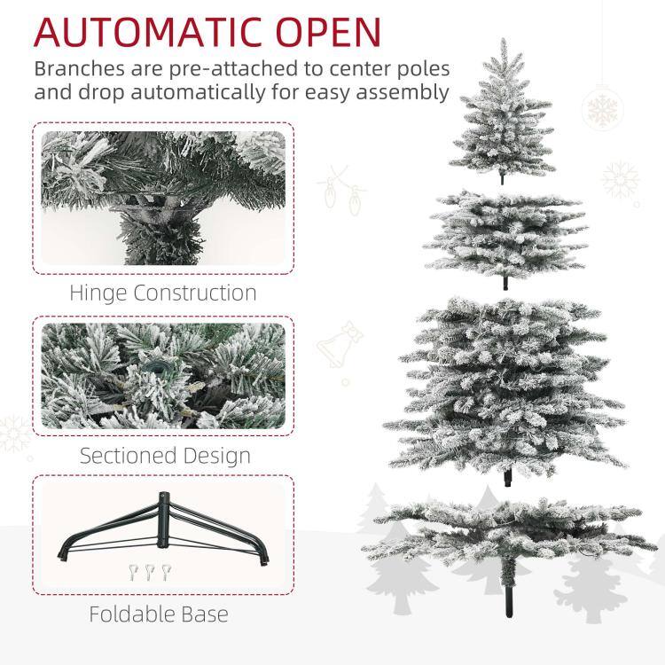 AUTOMATIC OPEN  
Branches are pre-attached to center poles and drop automatically for easy assembly

Hinge Construction  
Sectioned Design  
Foldable Base