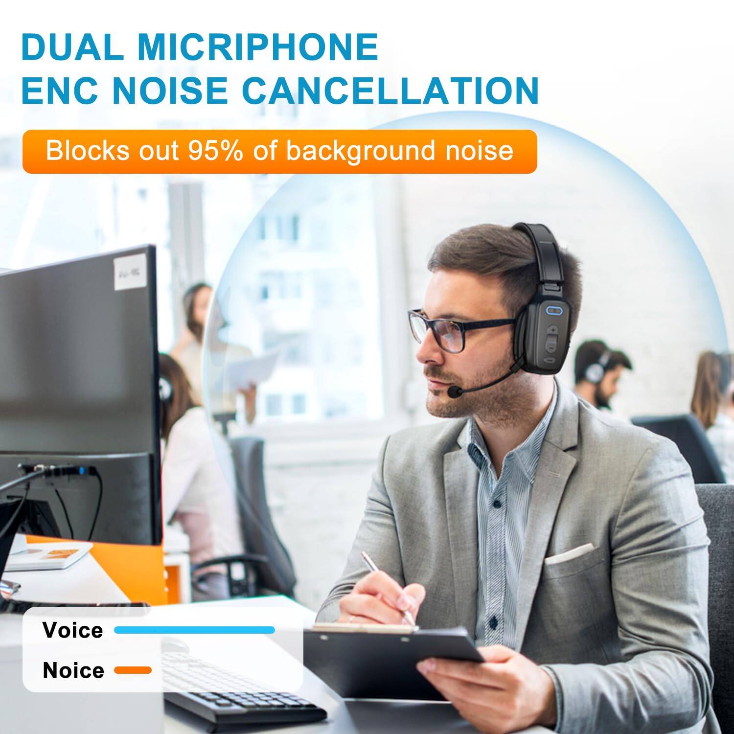 DUAL MICROPHONE ENC NOISE CANCELLATION  
Blocks out 95% of background noise  

Voice  
Noise