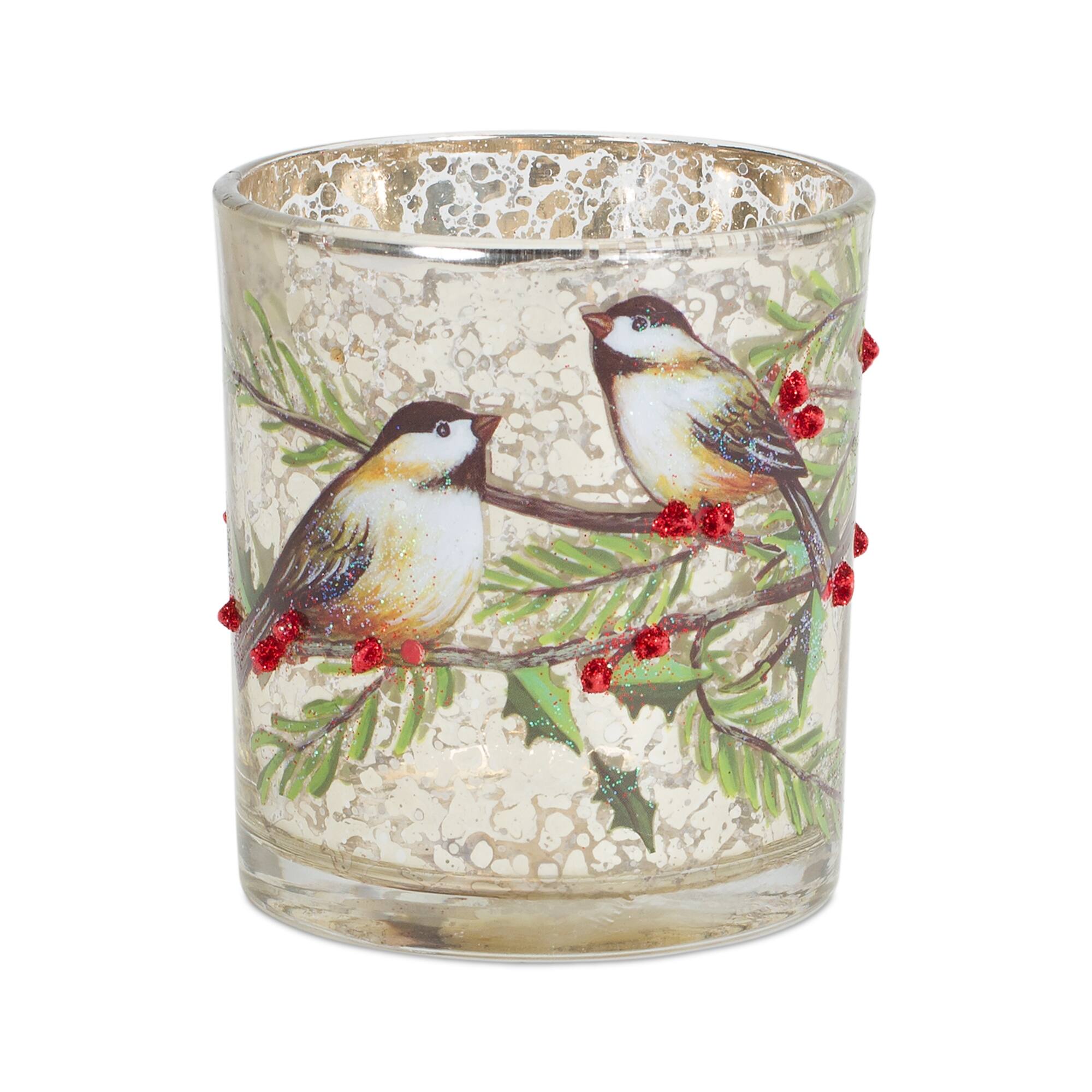 Left. BreeBe - Mercury Glass Votive Candle Holder with Bird and Berry Branch (Set of 6) - Red, Gold.