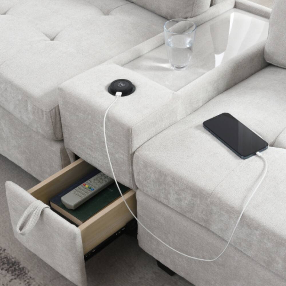 Alt View 6. LUCKY ONE - 104" L-Shape U-Shape Modular Chenille Sectional Sofa w/ 2 Consoles USB Charger Ottoman - Light Gray.