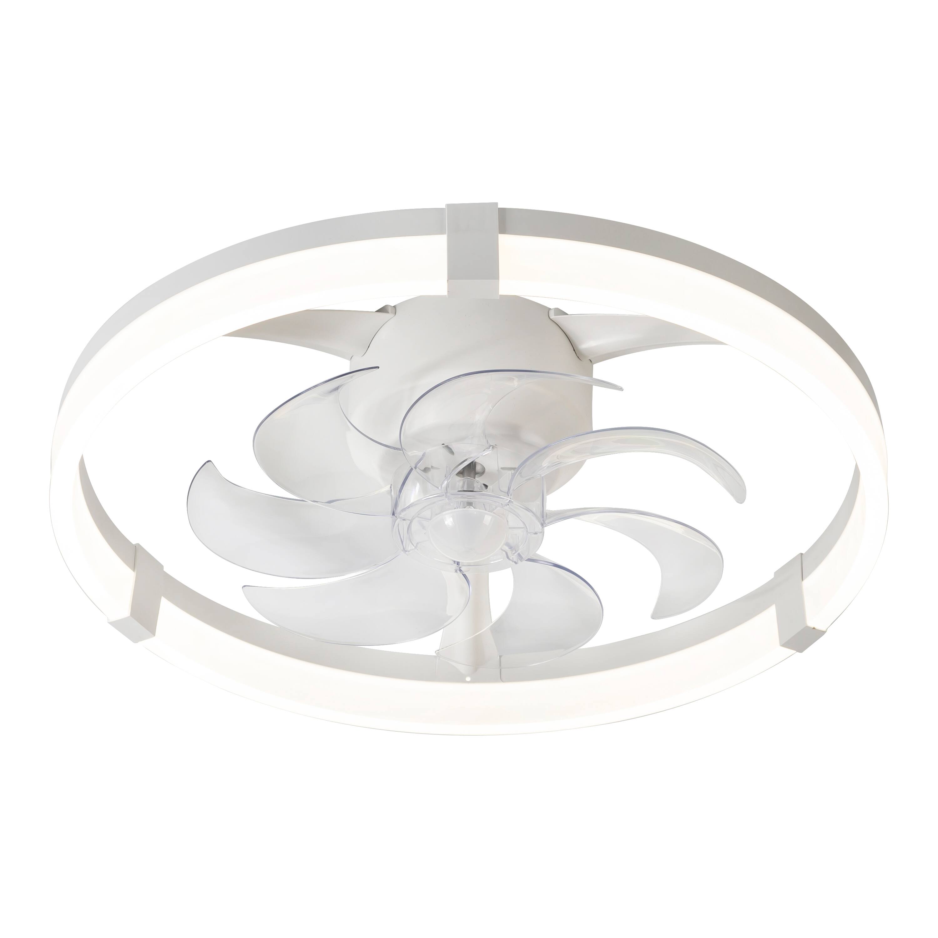 Angle. Breezary - 20-Inch Caged KD Ceiling Fan with LED Light, Remote Control, 6-Speed Quiet DC Motor, Flush Mount Low Profile Design - Matte White.