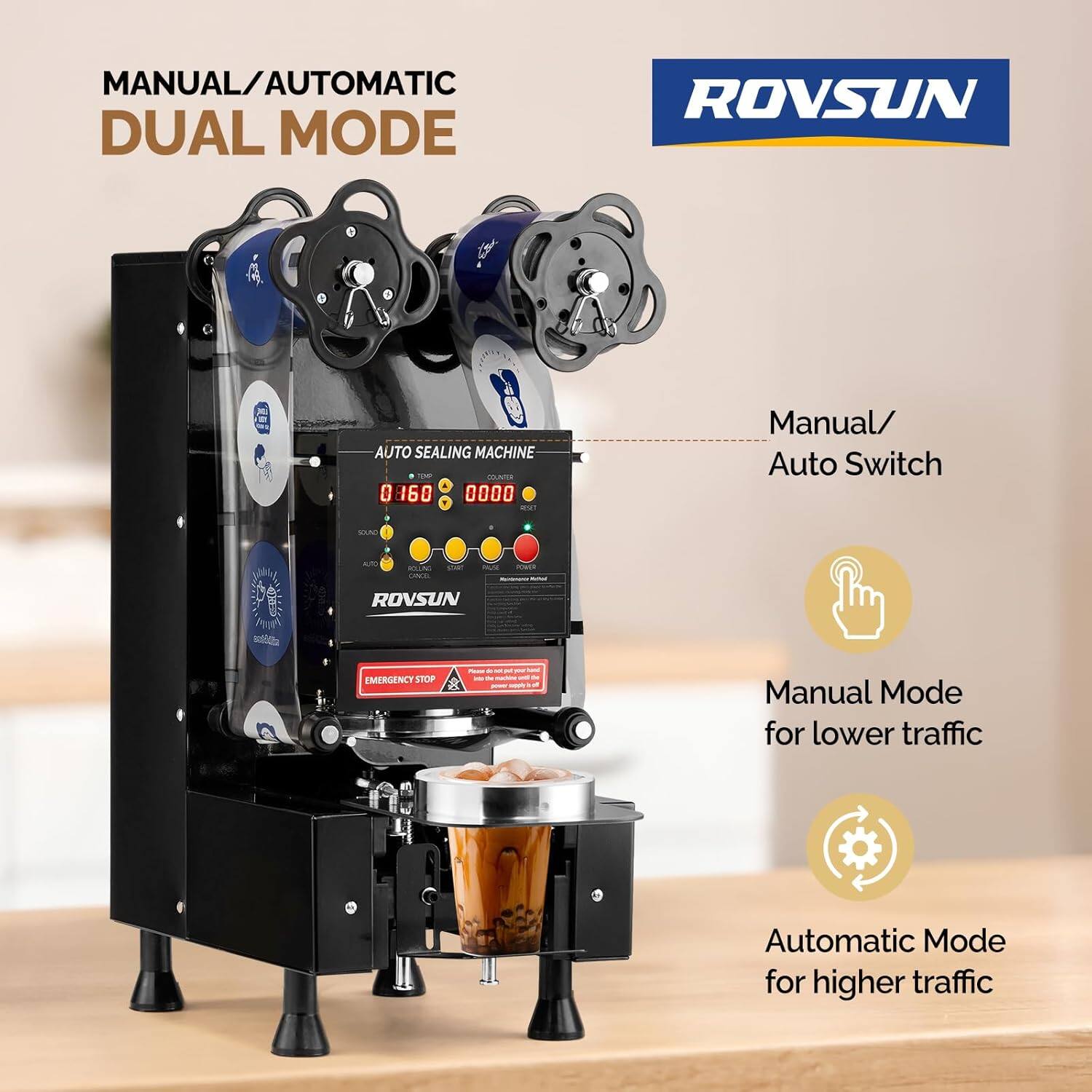 MANUAL/AUTOMATIC DUAL MODE ROVSUN AUTO SEALING MACHINE

- Manual/Auto Switch
- Manual Mode for lower traffic
- Automatic Mode for higher traffic
