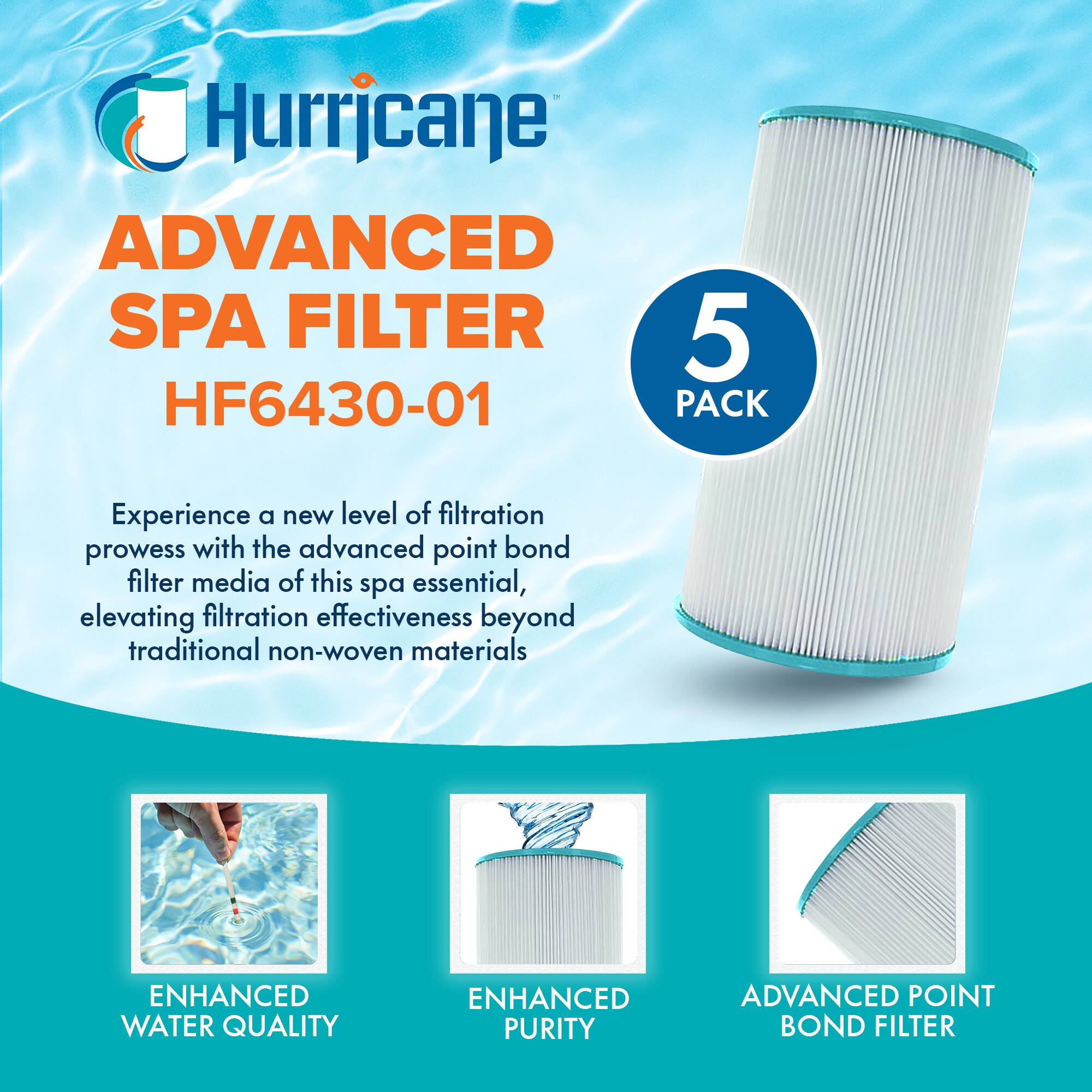 Hurricane  
ADVANCED SPA FILTER  
HF6430-01  
5 PACK  

Experience a new level of filtration prowess with the advanced point bond filter media of this spa essential, elevating filtration effectiveness beyond traditional non-woven materials  

ENHANCED WATER QUALITY  
ENHANCED PURITY  
ADVANCED POINT BOND FILTER