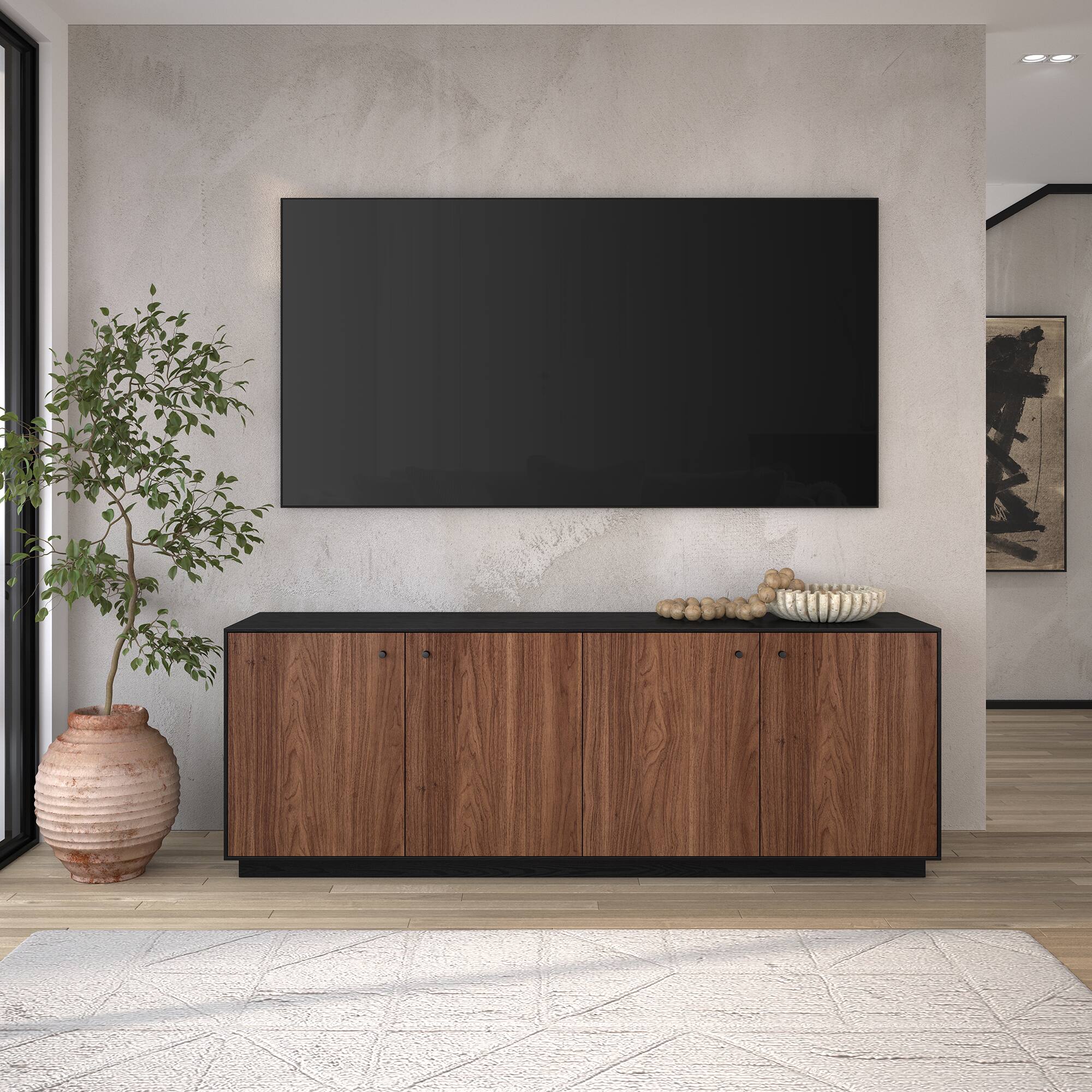 Alt View 2. Hudson&Canal - Lillian Rectangular TV Stand for TV's up to 75" in Black Grain/Satin Walnut - Black Grain/Satin Walnut.
