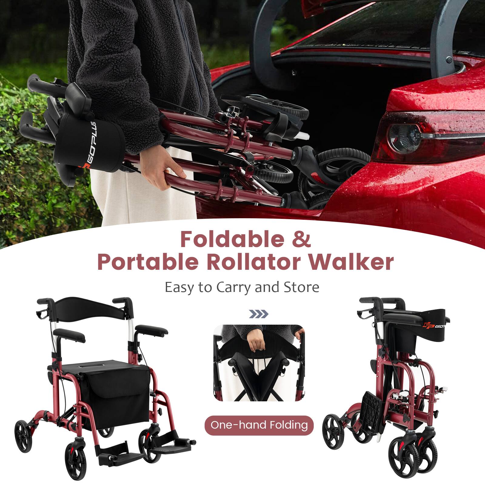 GOPLUS Foldable & Portable Rollator Walker
Easy to Carry and Store
One-hand Folding