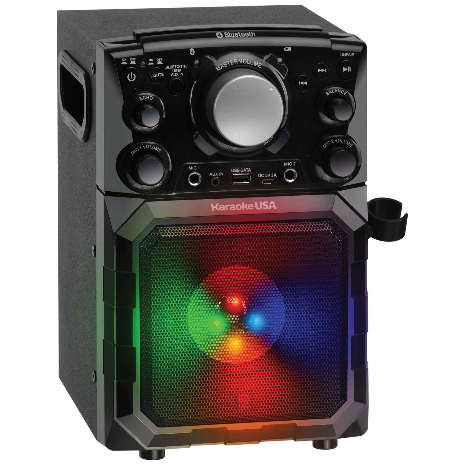 Sure, here is the corrected and grouped text from the image:

- Bluetooth
- LIGHTS
- ECHO
- MASTER VOLUME
- BALANCE
- MIC 1 VOLUME
- MIC 1
- AUX IN
- MIC 2 VOLUME
- MIC 2
- USB DATA
- DC 5V/2A
- UNPAIR
- Karaoke USA