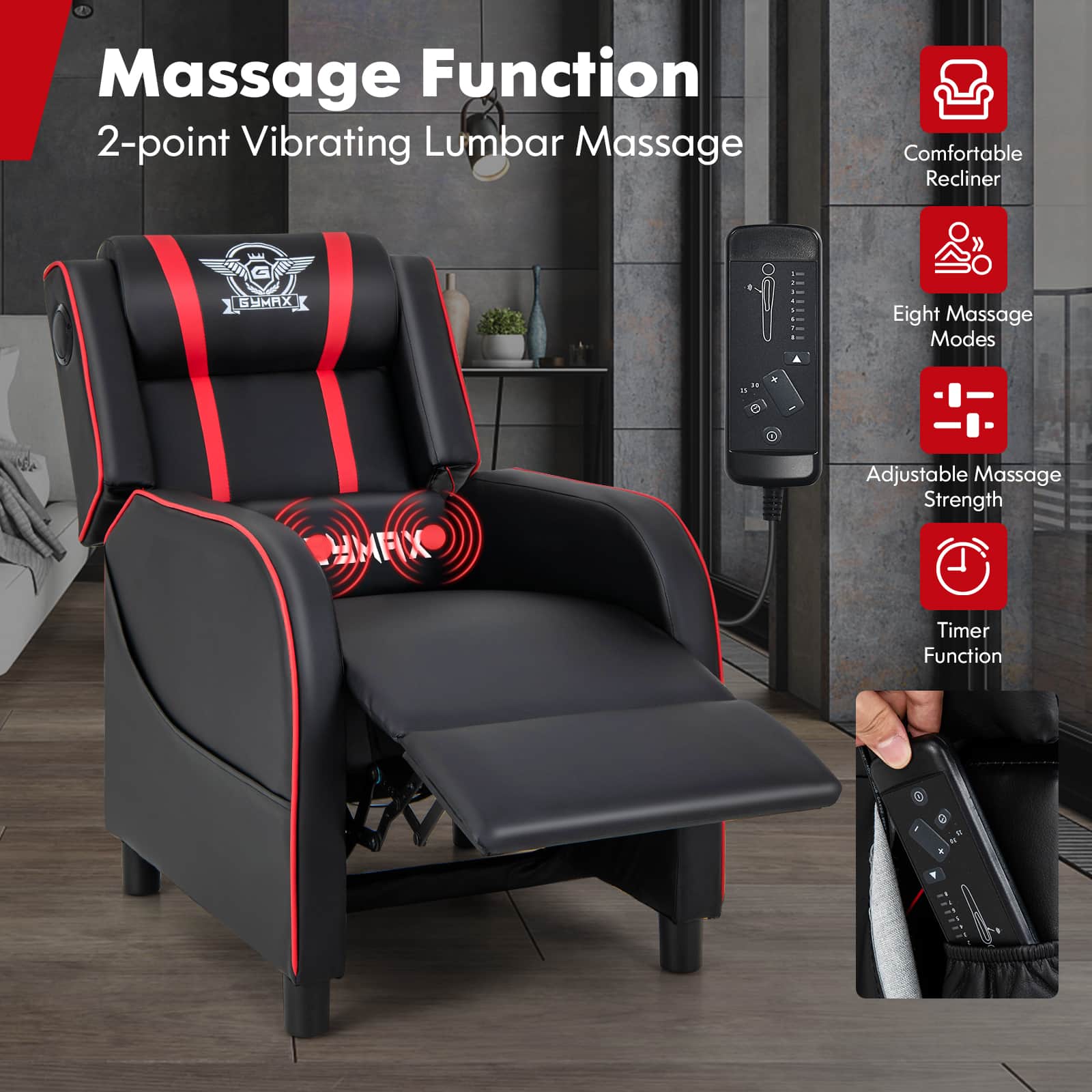 Costway Massage Gaming Recliner Chair Pu Leather Single Recliner Sofa 