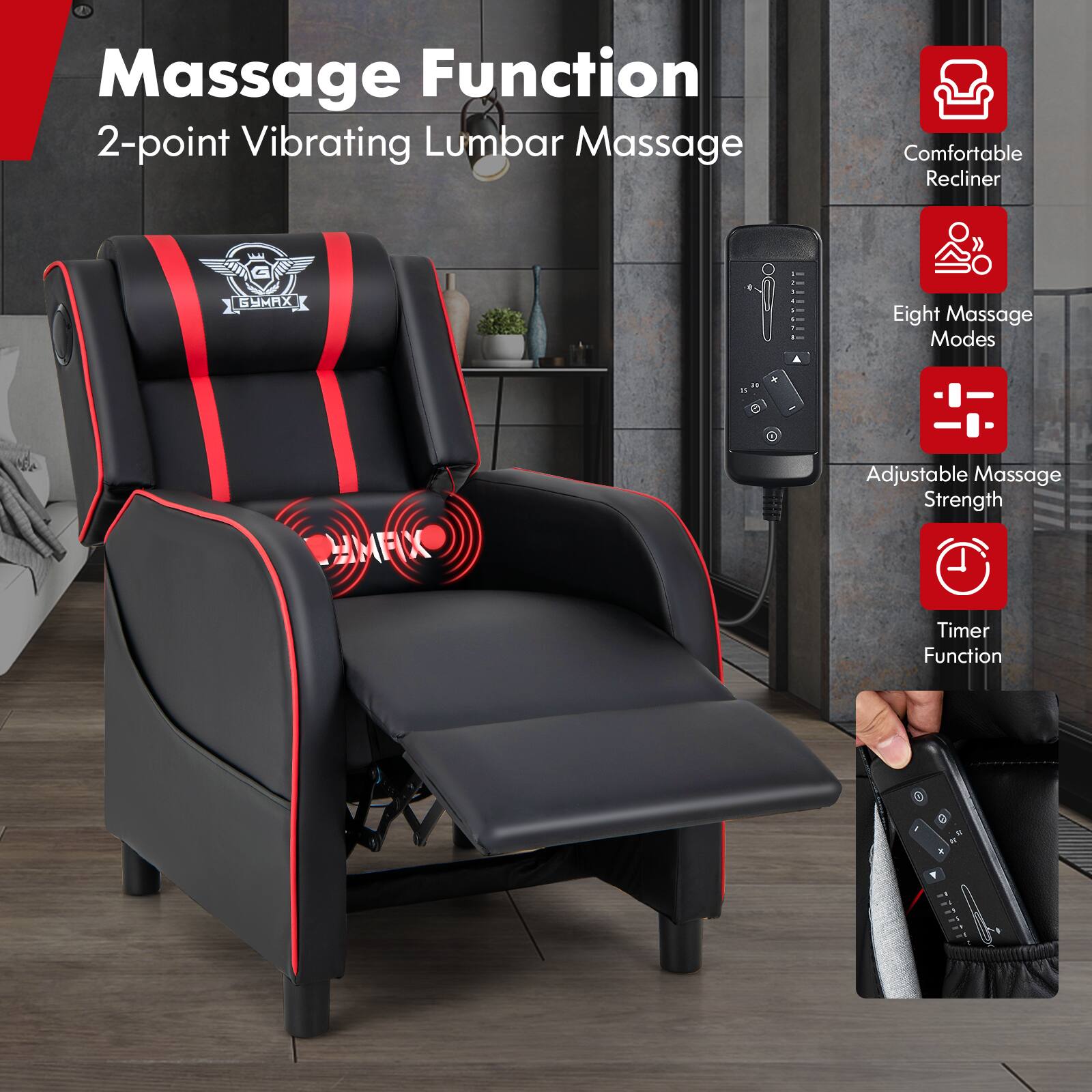 The text on the image is grouped and corrected as follows:

Title: Massage Function 2-Point Vibrating Lumbar Massage Comfortable Recliner

Features:

1. 2-Point Vibrating Lumbar Massage
2. Comfortable Recliner
3. Eight Massage Modes
4. Adjustable Massage Strength
5. Timer Function

This massage chair is designed to provide a comfortable and effective massage experience for the user. It features a 2-point vibrating lumbar massage that targets the lower back area, making it an ideal choice for those who suffer from back pain or discomfort. The comfortable recliner ensures that the user can relax and enjoy the massage without feeling any strain or discomfort. The eight massage modes offer a variety of massage options to suit different preferences and needs, while the adjustable massage strength allows the user to customize the intensity of the massage to their liking. Finally, the timer function allows the user to set a specific duration for the massage, ensuring that they get the desired amount of time for their massage session.