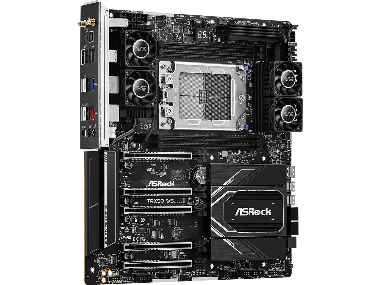 8.8. WS SAM SPA WS O C-5C-6 NSdO & Ws Vs C 0 105, - .NUN E ASRock SERIES TRX50 WS OX a JIRoHS CEFC Pi ASRock KID