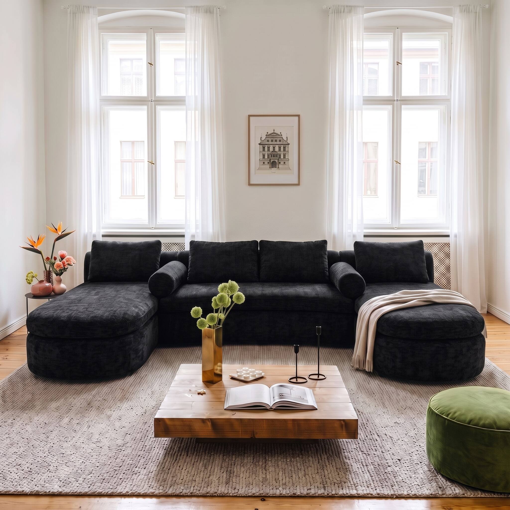 Left. Famapy - Oversized Modular Sectional Sofa with Double Chaise, 6-Seater Compressed U-Shaped Couch - Black.