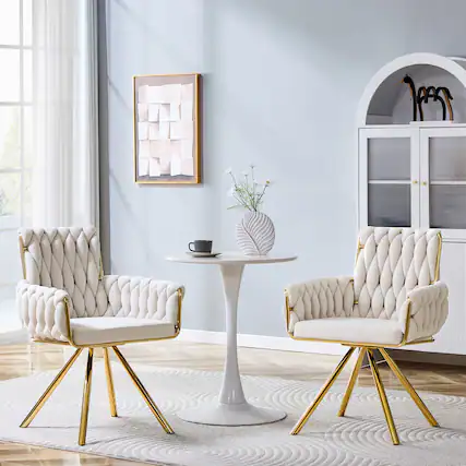 Front. Anysun - Set of 2 Velvet Braided Dining Chairs with Gold Metal Legs, Modern Luxury Accent Armchair with Woven Rope Backrest - Beige,Gold.