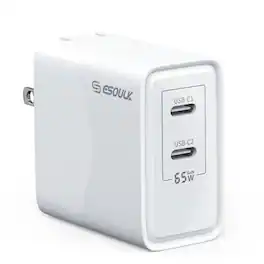 Esoulk - Premium 65W GaN 2-Port Dual USB-C Wall Charger Adapter for iPhone 17 Pro Max, Macbook, iPad, iPhone, Samsung Smartphones - White