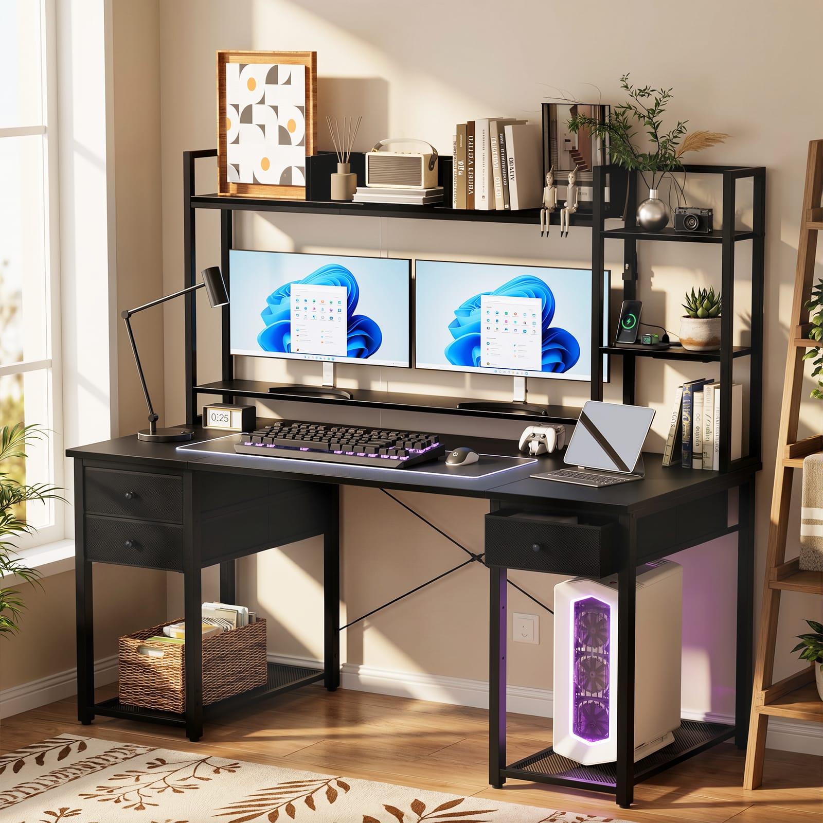 Aheaplus - Computer Desk with Hutch, Gaming Desk with Drawers, LED Lights, Outlets, and Monitor Stand - Black