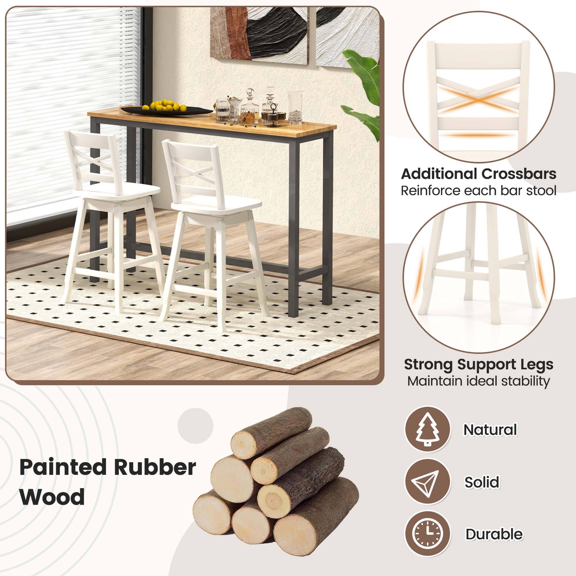 The text on the image is grouped and corrected as follows:

Additional Crossbars Reinforce each bar stool Strong Support Legs Maintain ideal stability Natural Painted Rubber Wood Solid Durable