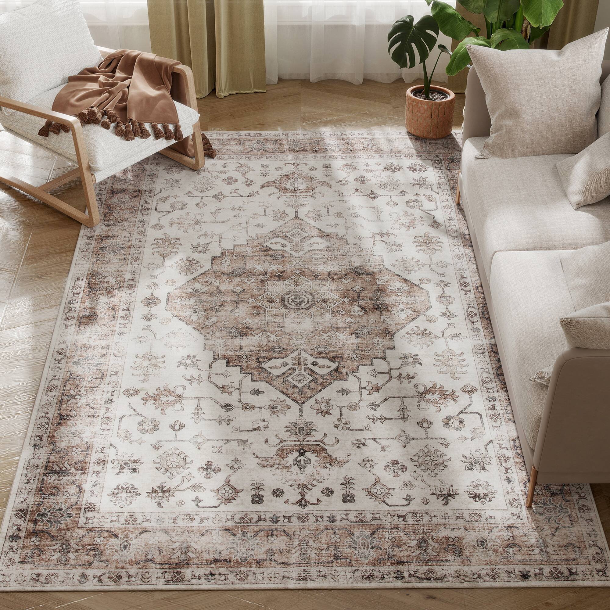 Homcom - 5x7 Vintage Carpet: Mach-Wash Distress Non-Slip Rug, Indoor Boho Living Room - Tan