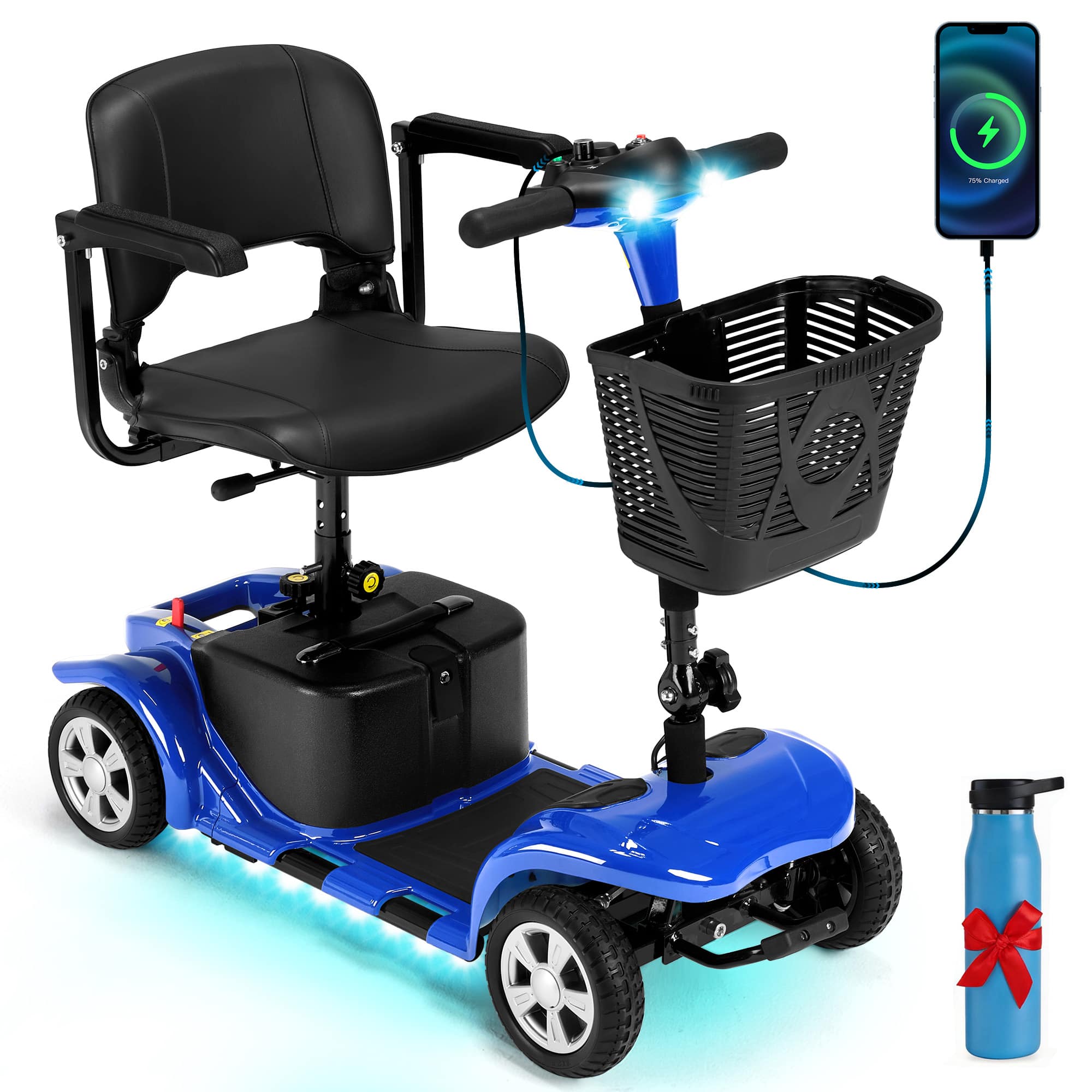 Hover Heart - Compact Electric Mobility Scooter for Adults with LED Light, Basket & Thermos Bottle, Perfect Gift Idea - Blue