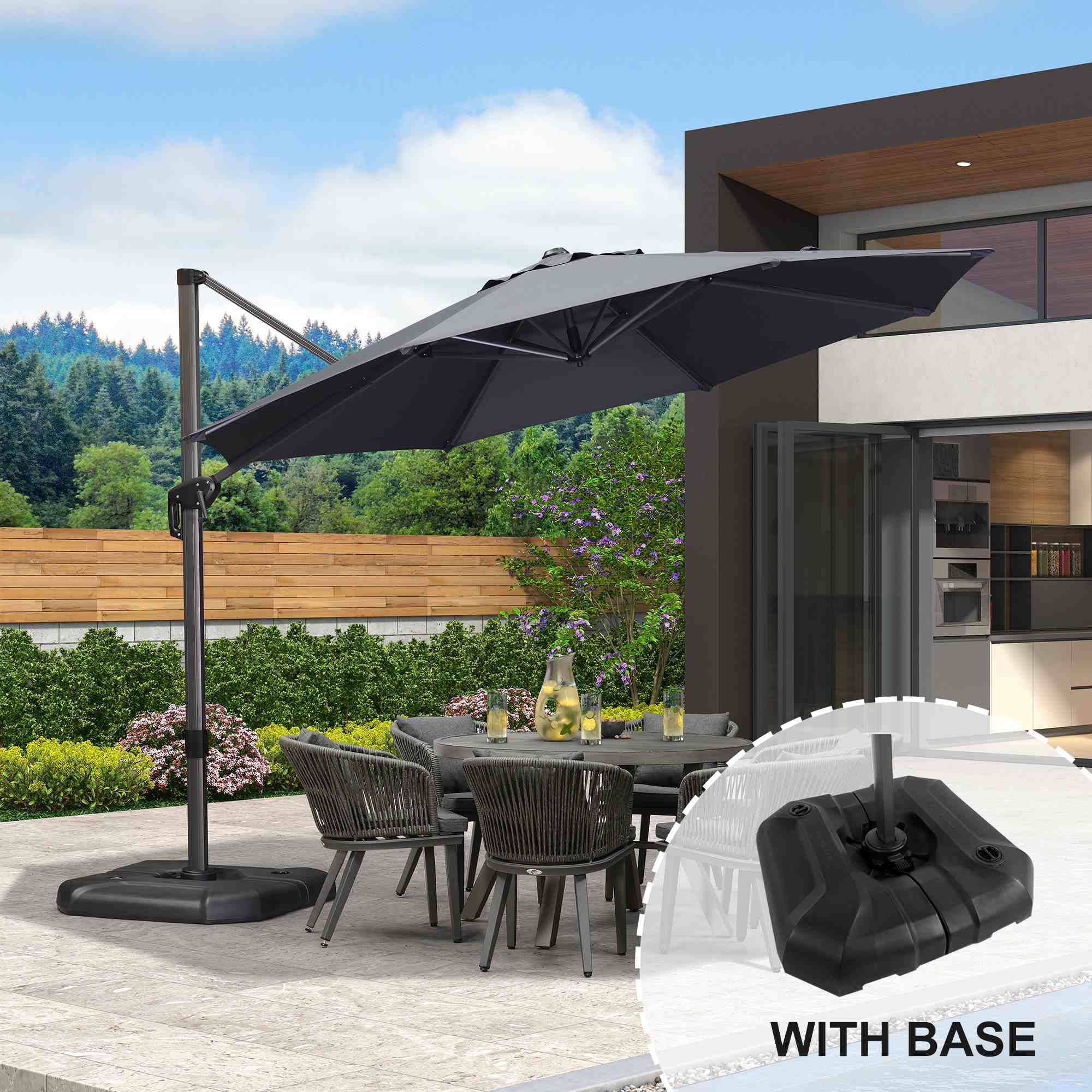 PURPLE LEAF - 11 ft. Octagon Aluminum Outdoor Patio Cantilever Umbrella Offset 360° Rotation Umbrella with Base - Gray