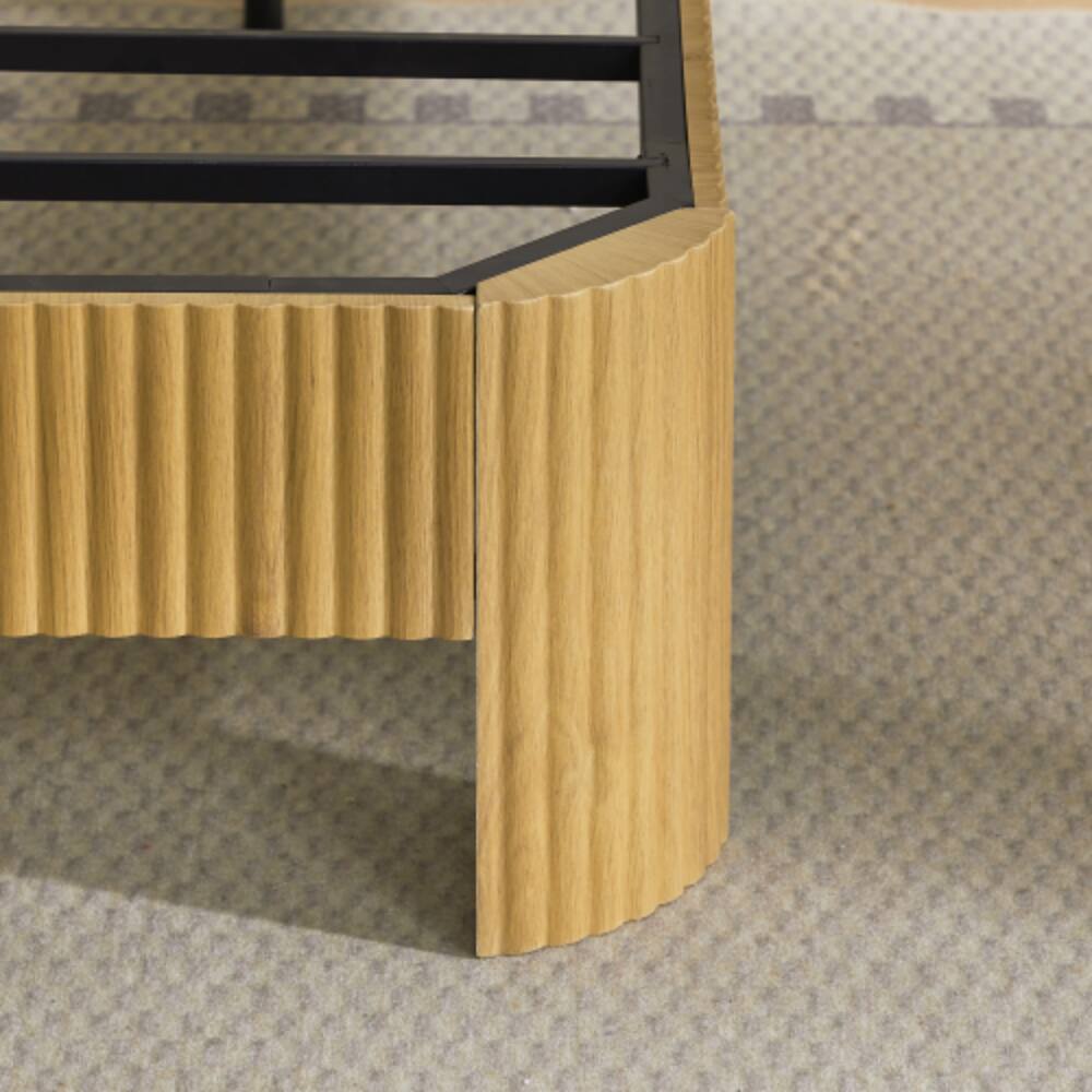 Back. LUCKY ONE - Queen Size Bed Frame with Storage Headboard, USB Charging Station, Wavy Curved Design, Metal Support - Natural.