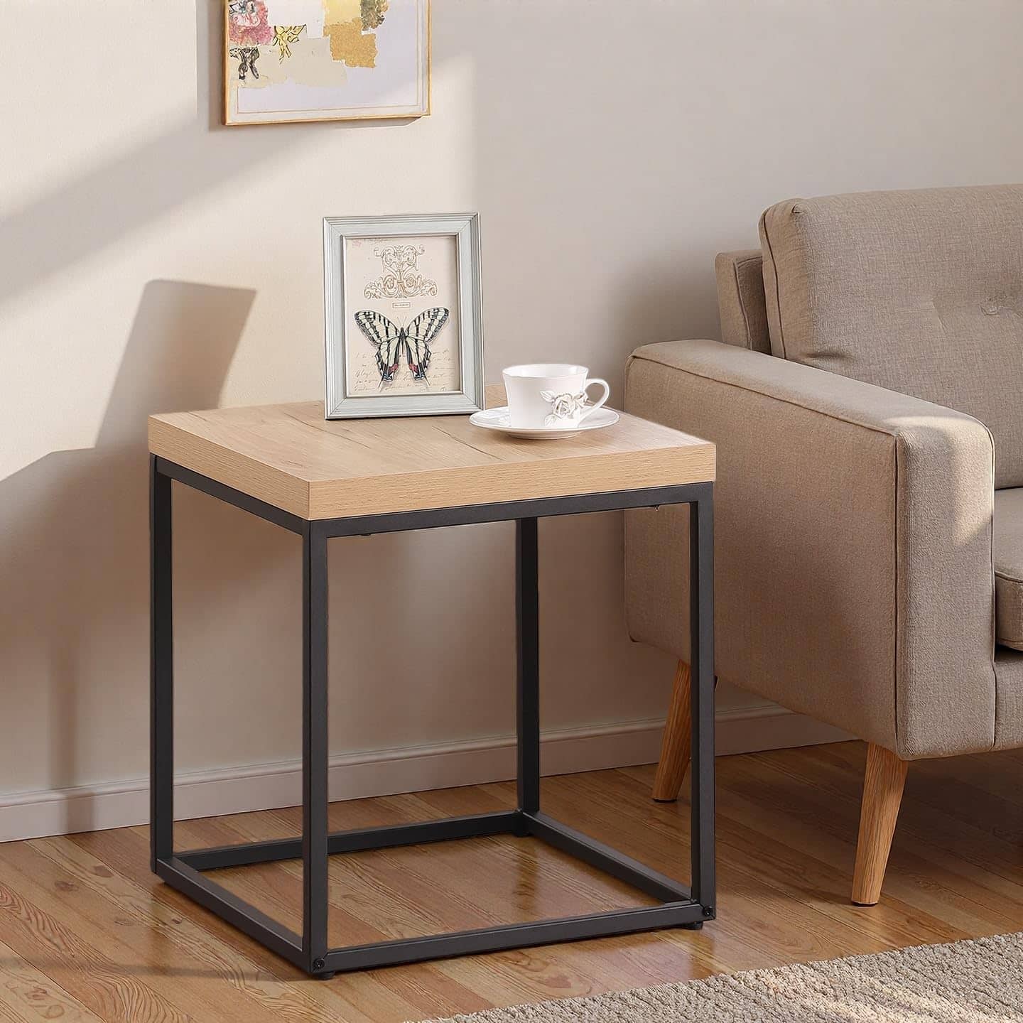 Hanke - 18 inch Marble Accent End Table side Table For Living Room Modern Industrial Square Metal And Wood Marble - Light Oak