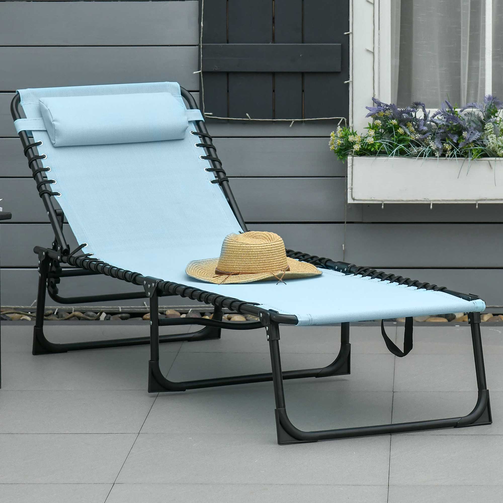 Alt View 1. Outsunny - Chaise Lounge Pool Chair with 4-Position Reclining Back, Pillow, Breathable Mesh & Bungee Seat - Sky Blue.