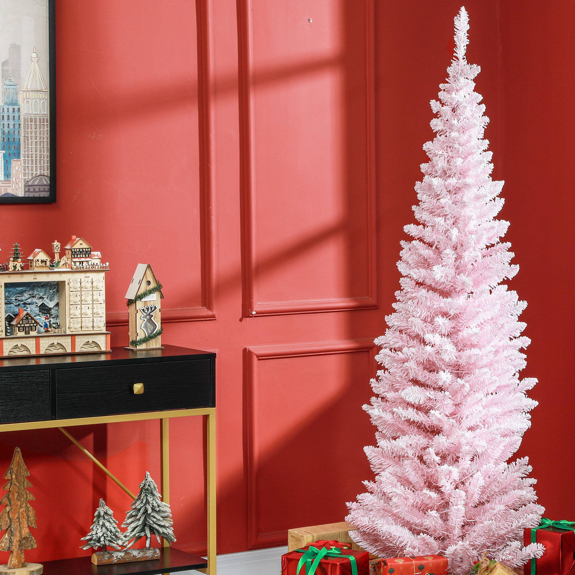 Alt View 7. Homcom - Pre-Lit Slim Noble Fir Artificial Pencil Christmas Tree, 170 Warm White LEDs, 390 Tips - pink.