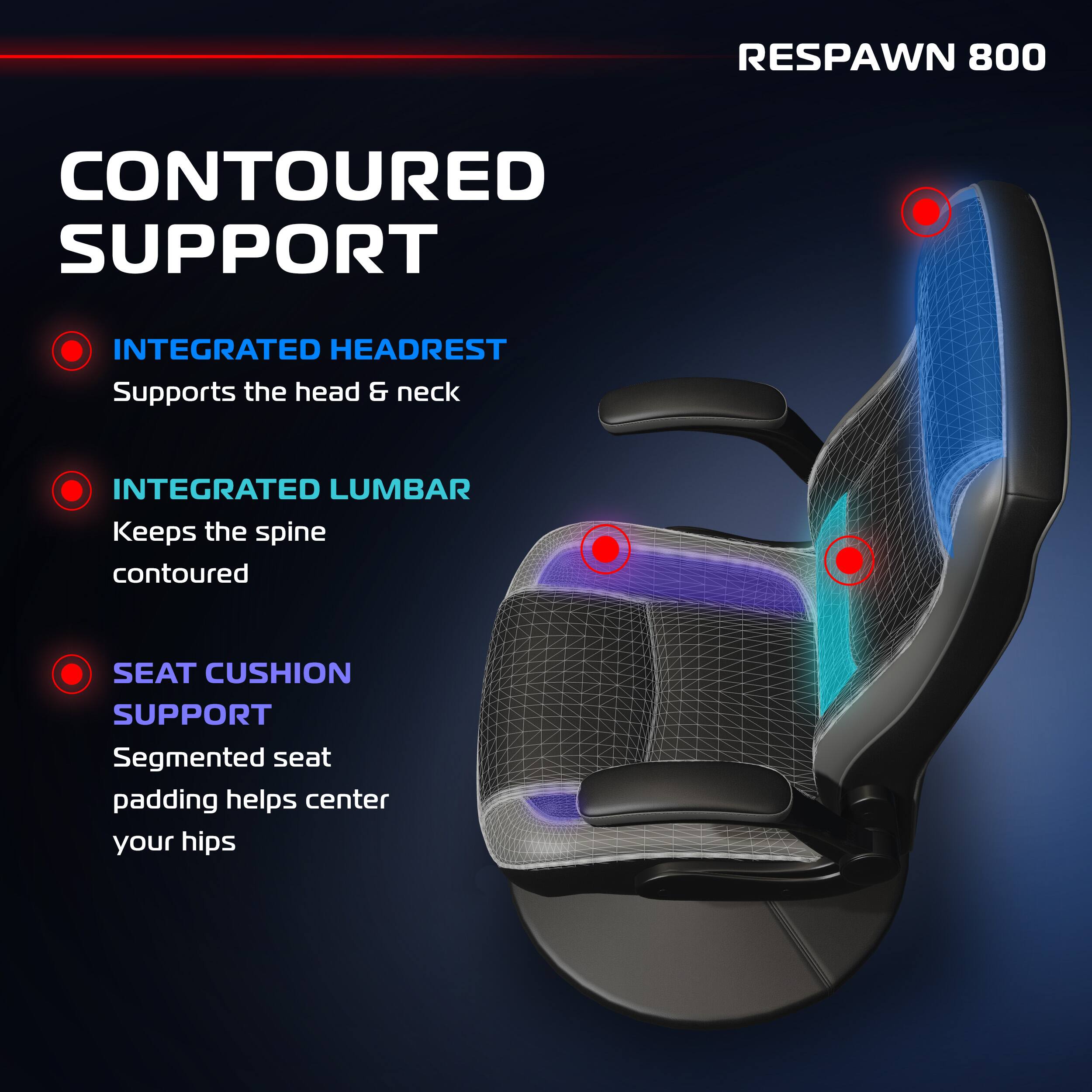 RESPAWN 800
CONTOURED SUPPORT
INTEGRATED HEADREST
Supports the head & neck
INTEGRATED LUMBAR
Keeps the spine contoured
SEAT CUSHION SUPPORT
Segmented seat padding helps center your hips