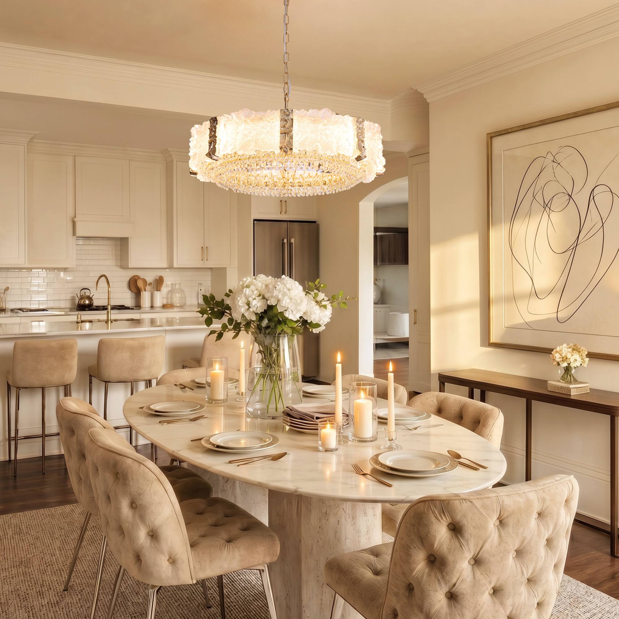 Left. Siljoy - 24 Inch Oval Luxury Gold Crystal Chandelier with Icy Texture Glass, Pendant Light for Dining Room, Living Room - Champagne Gold.