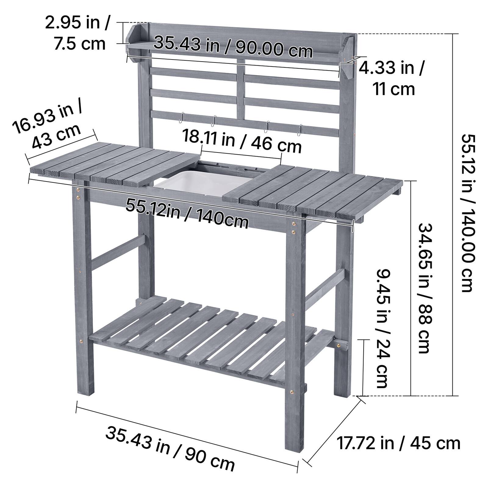 2.95 in / 7.5 cm  
35.43 in / 90.00 cm  
16.93 in / 43 cm  
18.11 in / 46 cm  
55.12 in / 140 cm  
4.33 in / 11 cm  
9.45 in / 24 cm  
34.65 in / 88 cm  
55.12 in / 140 cm  
35.43 in / 90 cm  
17.72 in / 45 cm