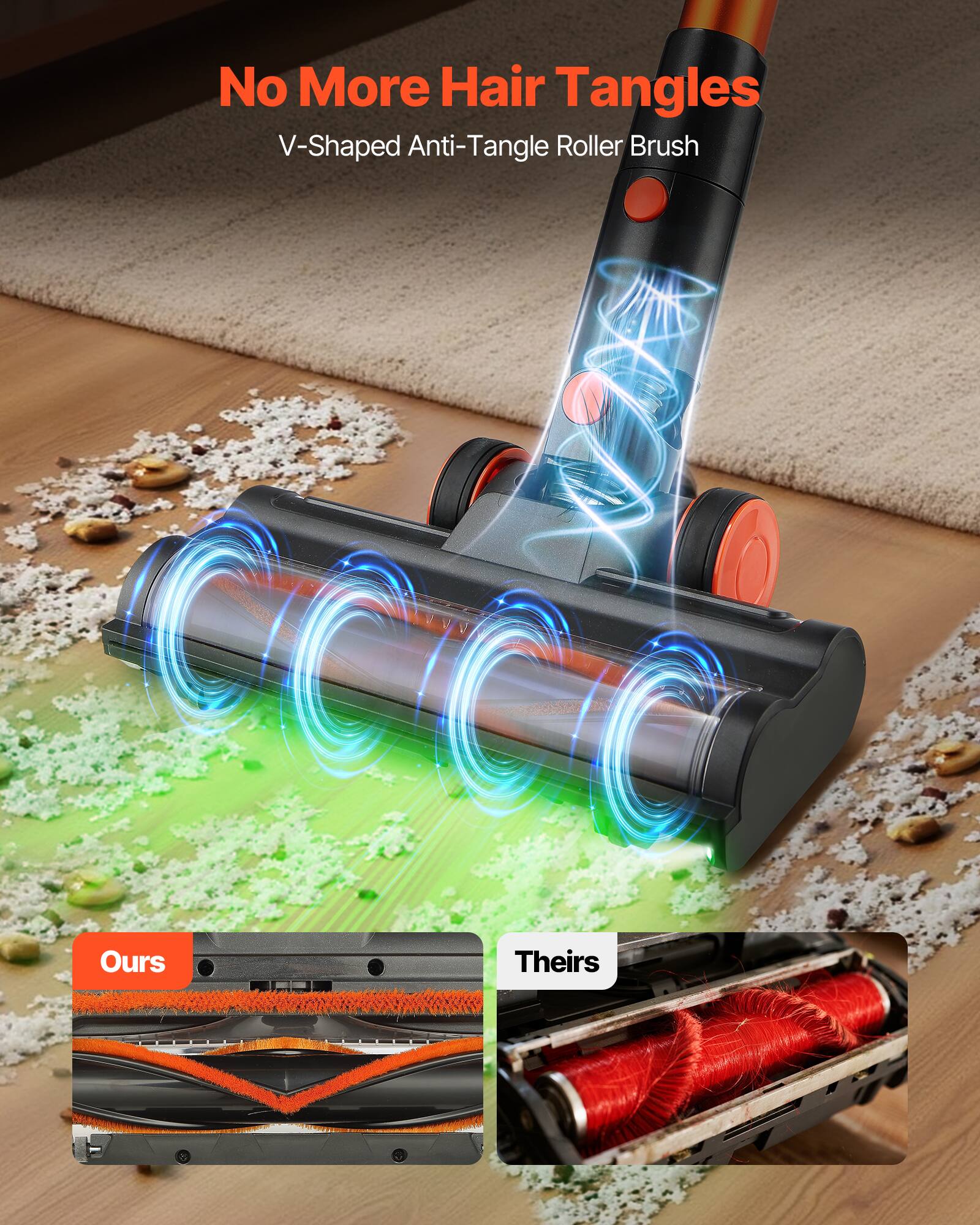 No More Hair Tangles  
V-Shaped Anti-Tangle Roller Brush  

Ours  
Theirs