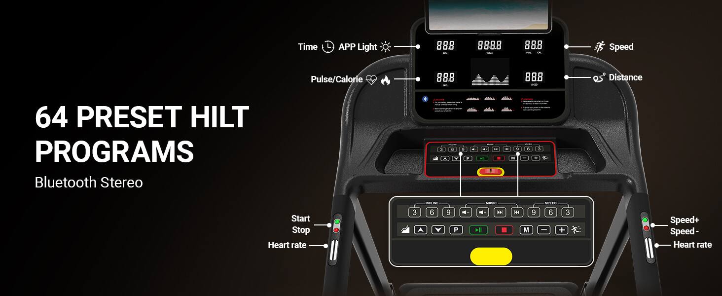 Time APP Light 88.8 - 8888 ! 88.8 - - Speed Pulse/Calorie 88.8 - 88.8 - Distance 64 PRESET HILT PROGRAMS Bluetooth Stereo a A 6 7 F - 84 - - 3 D M I  3 - . Start Stop Heart rate 3 NCLINE 6 9 P MUSIC H ll H 9 M SPEED 6 3 I + Speed+ Speed- Heart rate