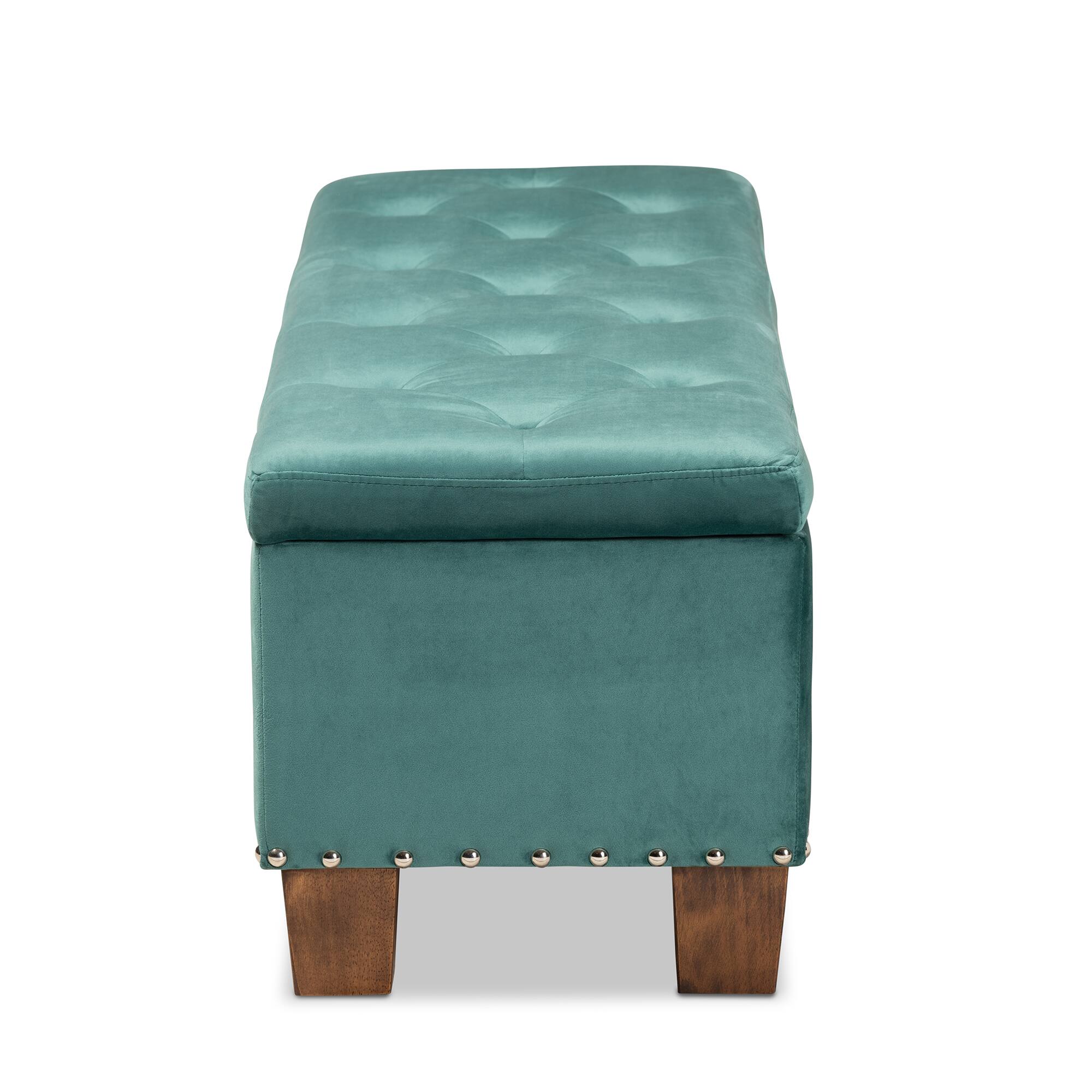 Back. Baxton Studio - Hannah Modern and Contemporary Velvet Fabric Upholstered Button-Tufted Storage Ottoman Bench - Teal Blue/Brown.