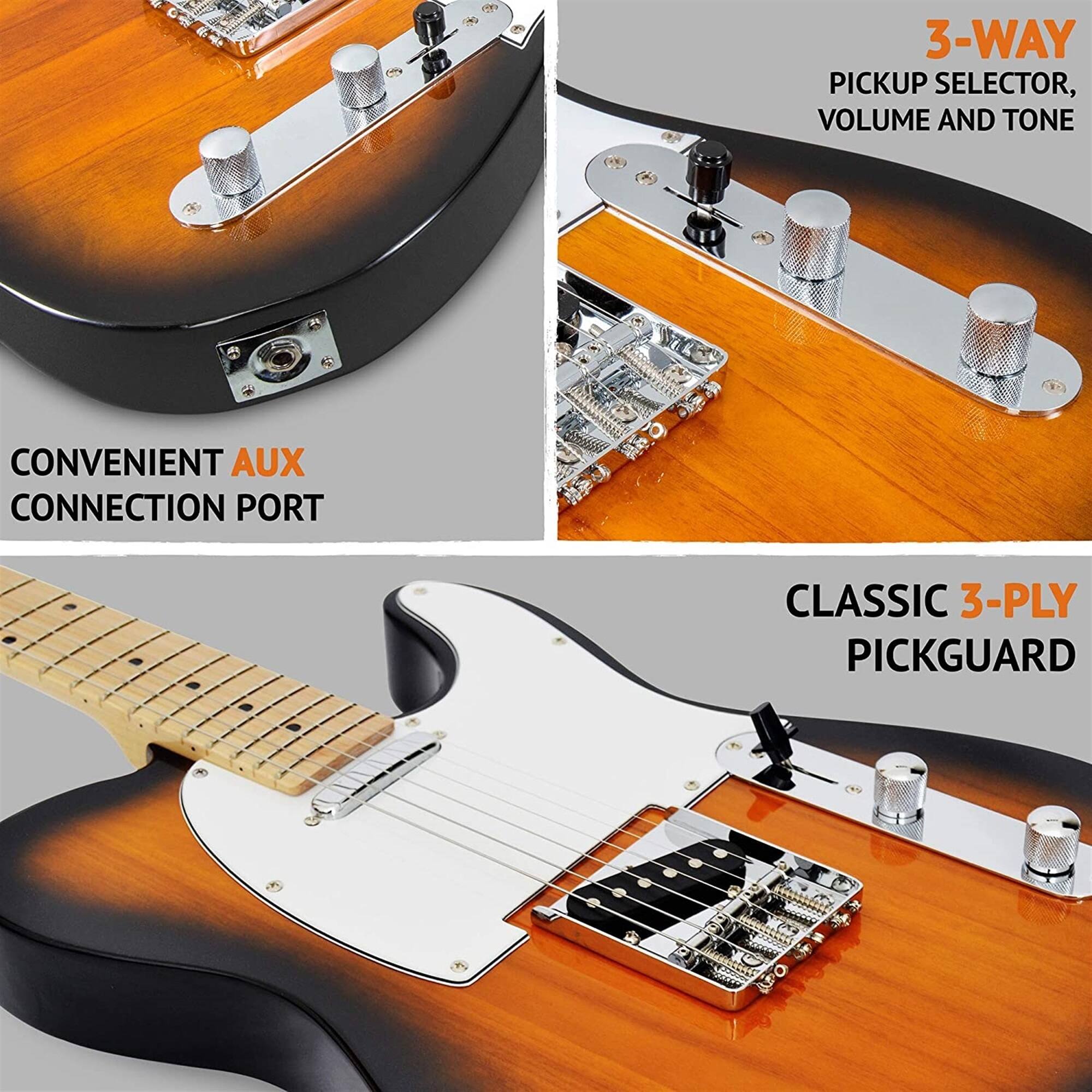 3-WAY PICKUP SELECTOR, VOLUME AND TONE, CONVENIENT AUX CONNECTION PORT, CLASSIC 3-PLY PICKGUARD