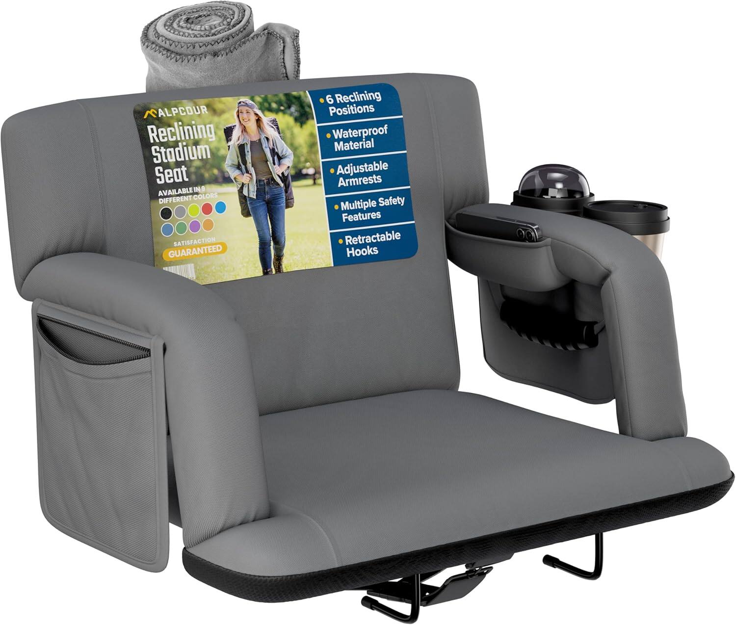 ALPCOUR  
Reclining Stadium Seat  
AVAILABLE IN DIFFERENT COLORS  
SATISFACTION GUARANTEED  

- 6 Reclining Positions  
- Waterproof Material  
- Adjustable Armrests  
- Multiple Safety Features  
- Retractable Hooks  

- Waterproof  
- Adjustable  
- Multiple Safety Features  
- Retractable Hooks