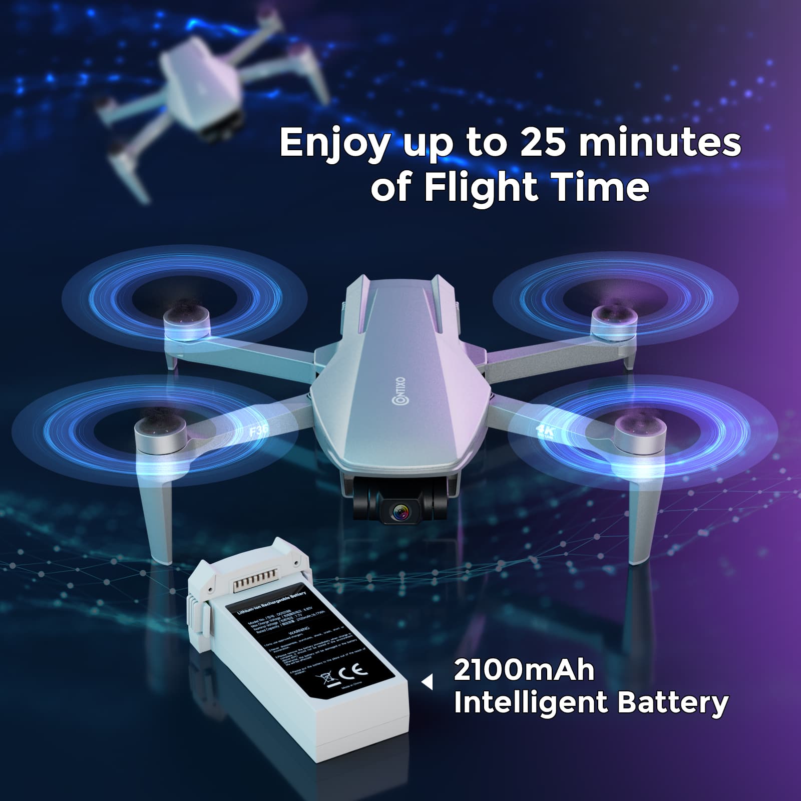 Enjoy up to 25 minutes of flight time with the F36 CONTDXID drone. This drone comes with a 2100mAh intelligent battery, ensuring you have enough power for extended flights. The drone is equipped with a 3-axis gimbal and a 1080p camera, providing you with high-quality aerial footage. The drone also features a 3-axis gimbal and a 1080p camera, making it perfect for capturing stunning aerial photos and videos.