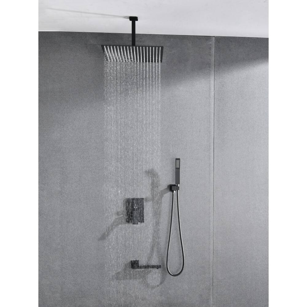 Left. JUJABU - Matte Black Shower System with 16 inch Shower Head and Tub Spout - Matte Black.