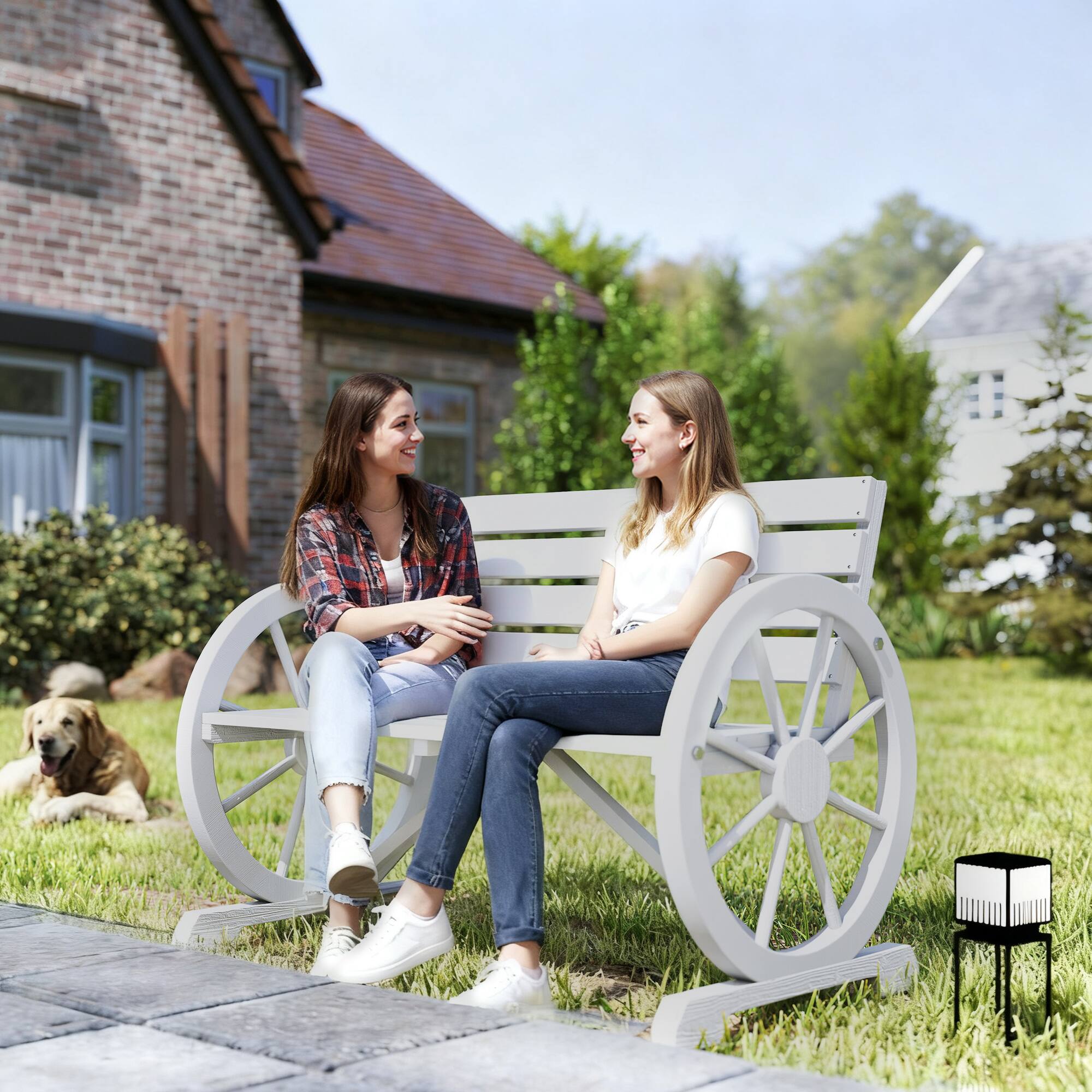 Alt View 1. Outsunny - 41" Wooden Wagon Wheel Bench, Rustic Outdoor Patio Weather Resistance Furniture, 2-Seat Bench with Backrest - Charcoal Grey.