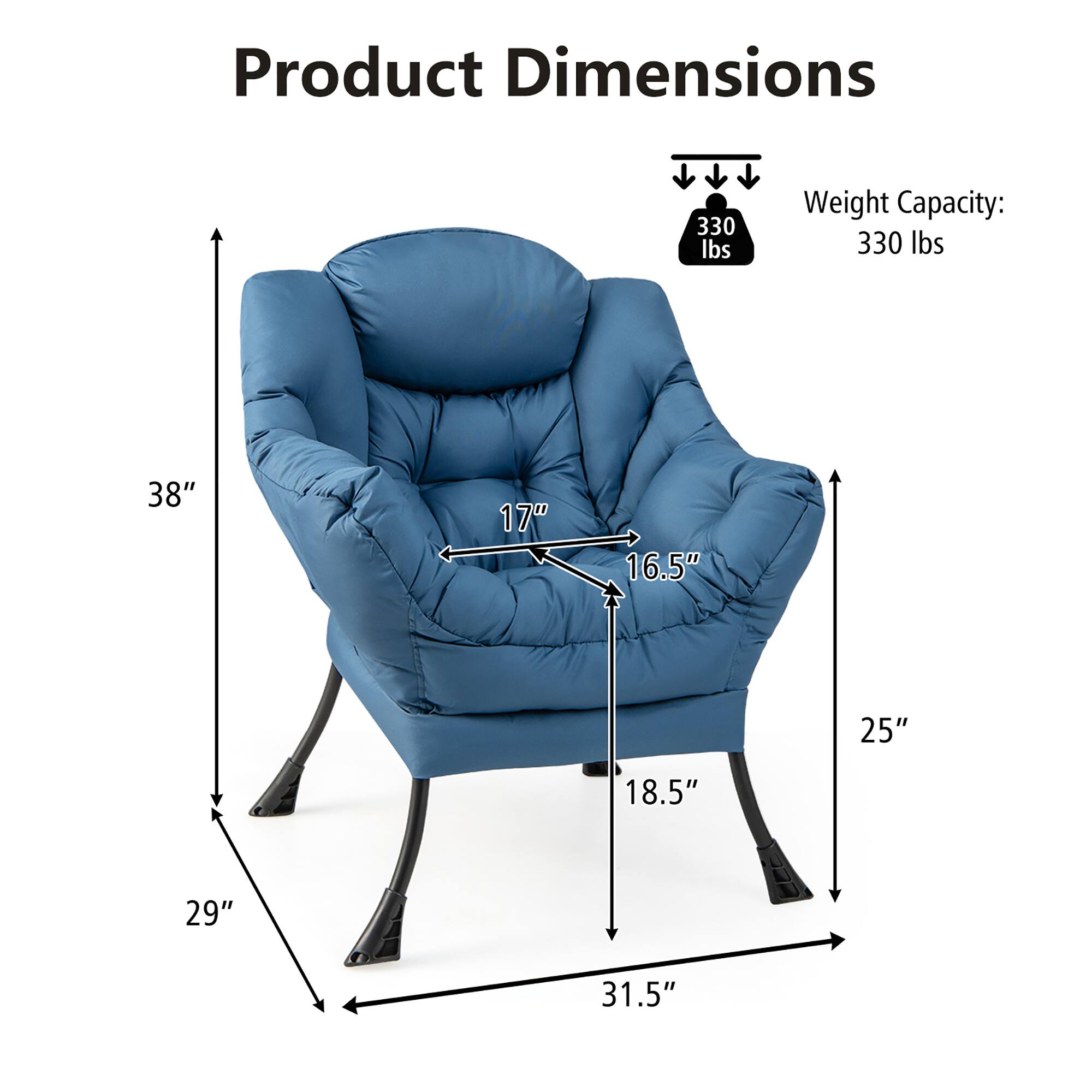 Product Dimensions: 330 lbs Weight Capacity: 330 lbs  
Dimensions: 38" x 17" x 16.5" x 25" x 18.5" x 29" x 31.5"