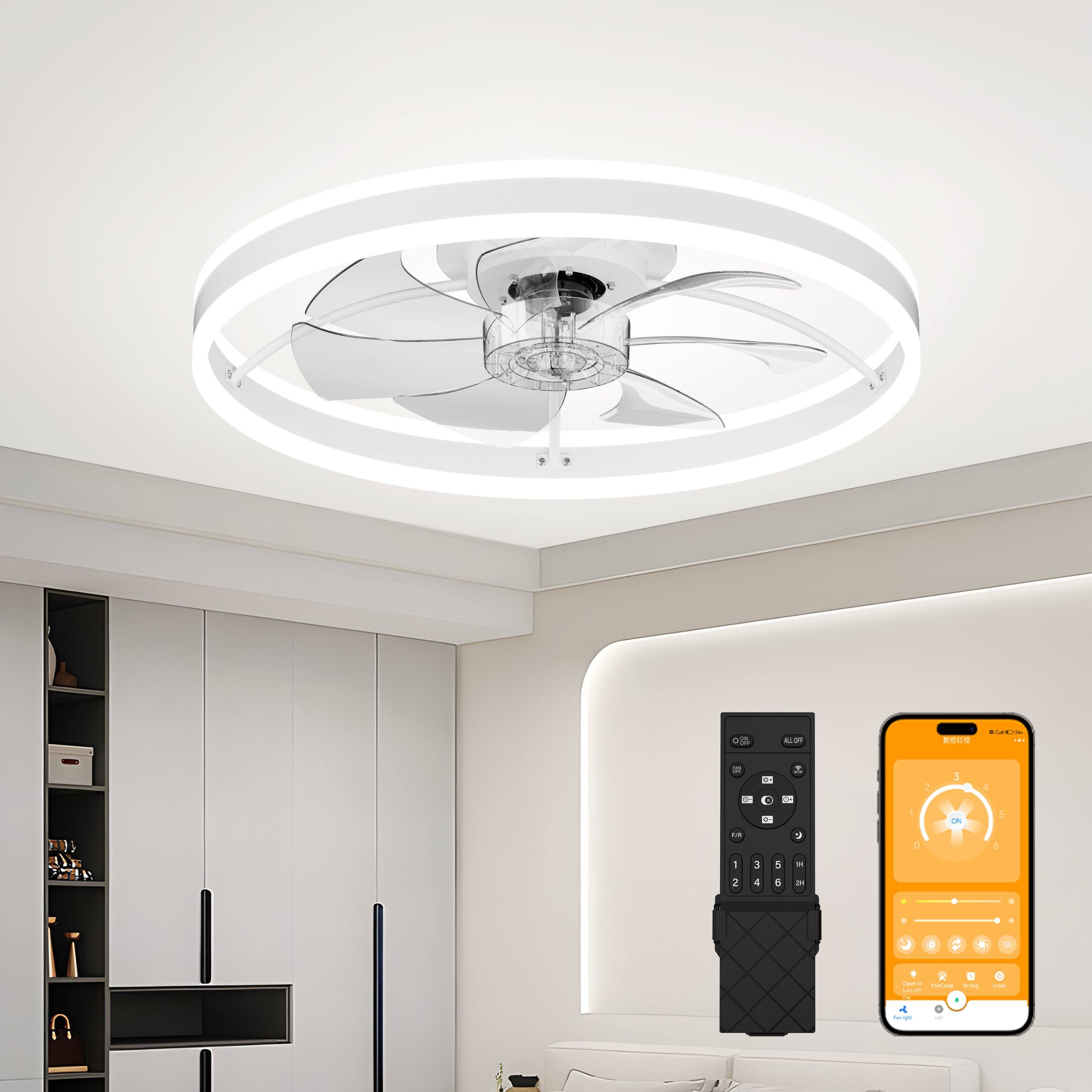 Loheer - Ceiling Fan with Light, 23.6 Inch Low Profile White Modern Ceiling Fan, Quiet DC Motor, App Remote Timer