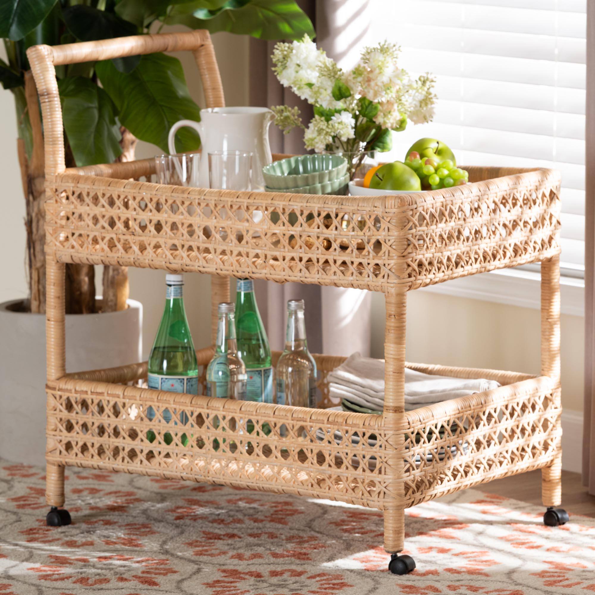 Alt View 4. bali & pari - Alaina Natural Rattan Kitchen Cart - 2-Tier Handwoven Wicker Storage Trolley with Handle for Kitchen or Lounge - Natural Rattan.