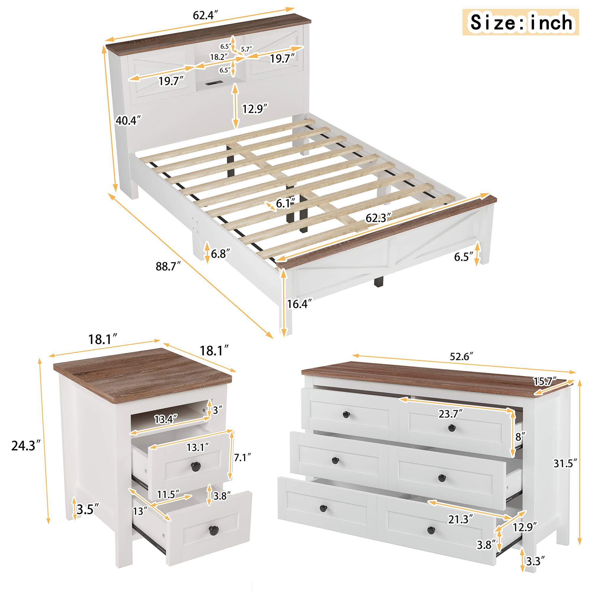 Sure, here is the corrected and grouped text from the image:

- **Size: inch**

- **Bed:**
  - 62.4"
  - 40.4"
  - 88.7"
  - 62.3"
  - 6.5"
  - 18.2"
  - 19.7"
  - 12.9"
  - 6.1"
  - 6.5"
  - 18.1"
  - 18.1"
  - 16.4"
  - 5.7"
  - 6.8"

- **Nightstand:**
  - 24.3"
  - 18.1"
  - 18.1"
  - 13.4"
  - 13.1"
  - 7.1"
  - 3.5"
  - 11.5"
  - 3.8"
  - 21.3"
  - 3.8"
  - 12.9"
  - 3.3"

- **Dresser:**
  - 31