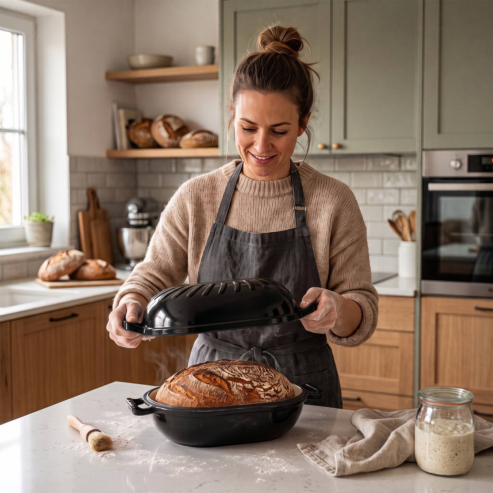 Alt View 1. Winado - 5QT Candy Shaped Enameled Cast Iron Oval Dutch Oven with Lid, Heat-Resistant Gloves, Pot Mat for Baking Bread, Roasting - Black.