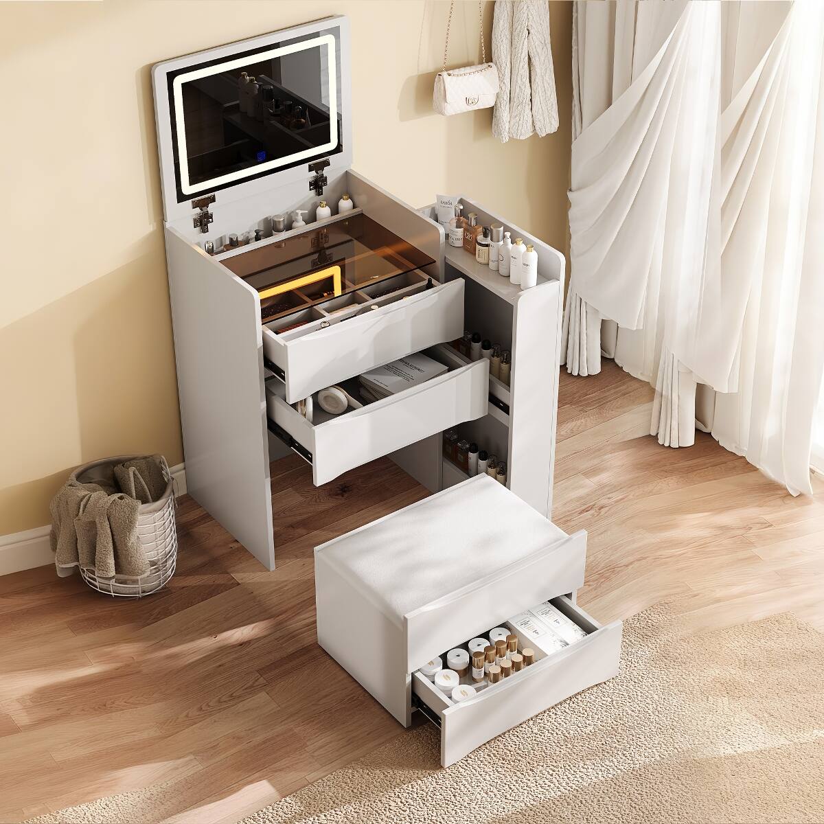 Angle. Loheer - Loheer Makeup Vanity Desk with Adjustable LED Lights, White Flip Up Mirror and Stool - White.