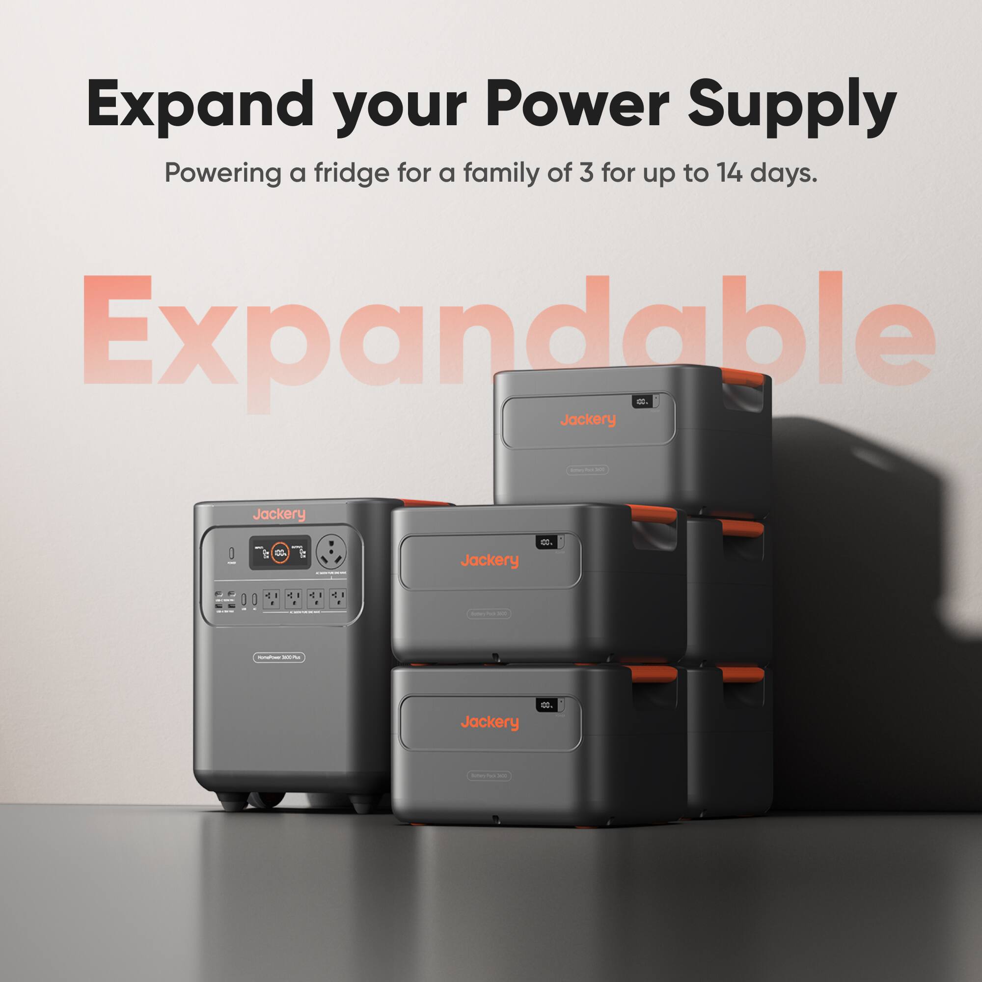 Expand your Power Supply  
Powering a fridge for a family of 3 for up to 14 days.  

Expandable  

Jackery