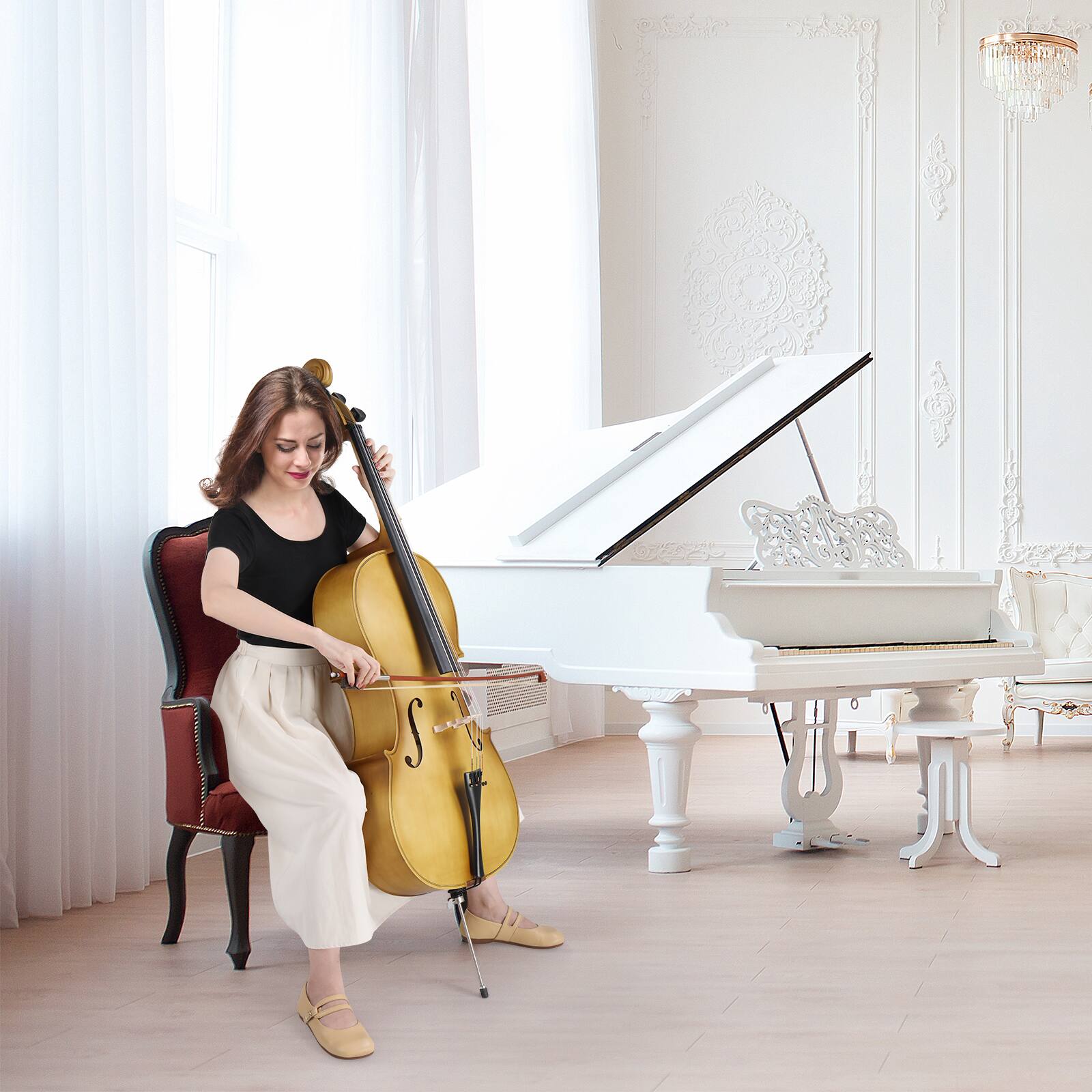 Angle. Winado - Full Size Cello, 4/4 Solid Wood Acoustic Cello with Sturdy Stand, Portable Bag, Premium Rosin and Extra String.