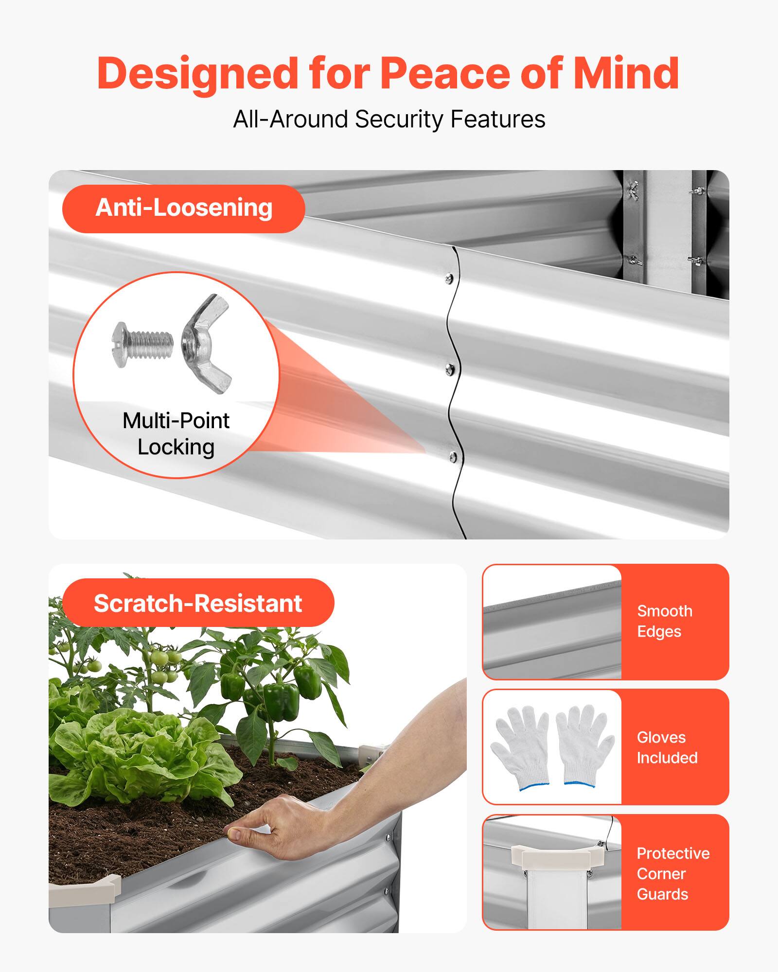 Designed for Peace of Mind  
All-Around Security Features  

- Anti-Loosening  
  - Multi-Point Locking  

- Scratch-Resistant  
  - Smooth Edges  
  - Gloves Included  
  - Protective Corner Guards