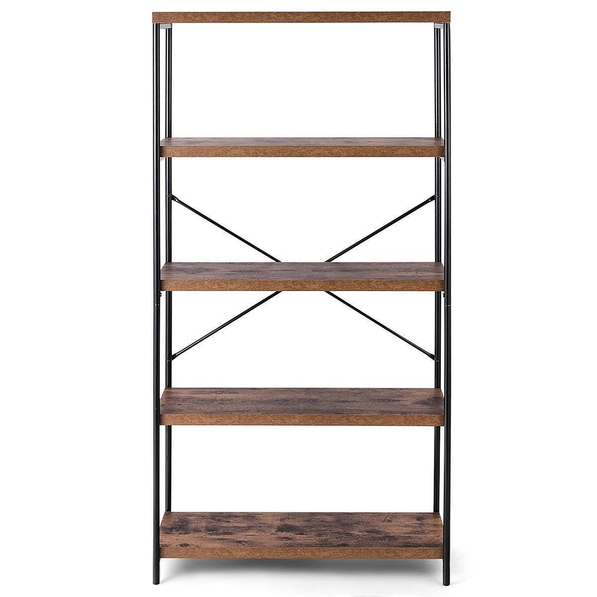 Angle. Hivvago - Industrial Metal Wood 5-Tier Bookcase Storage Rack Book Shelf - Rustic Brown, Black.