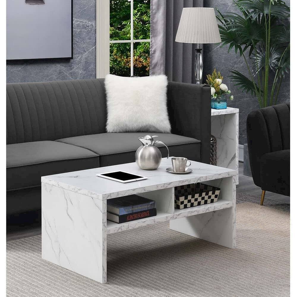 Angle. Convenience Concepts - Northfield Admiral Deluxe Coffee Table with Shelves, White Faux Marble - White Faux Marble.